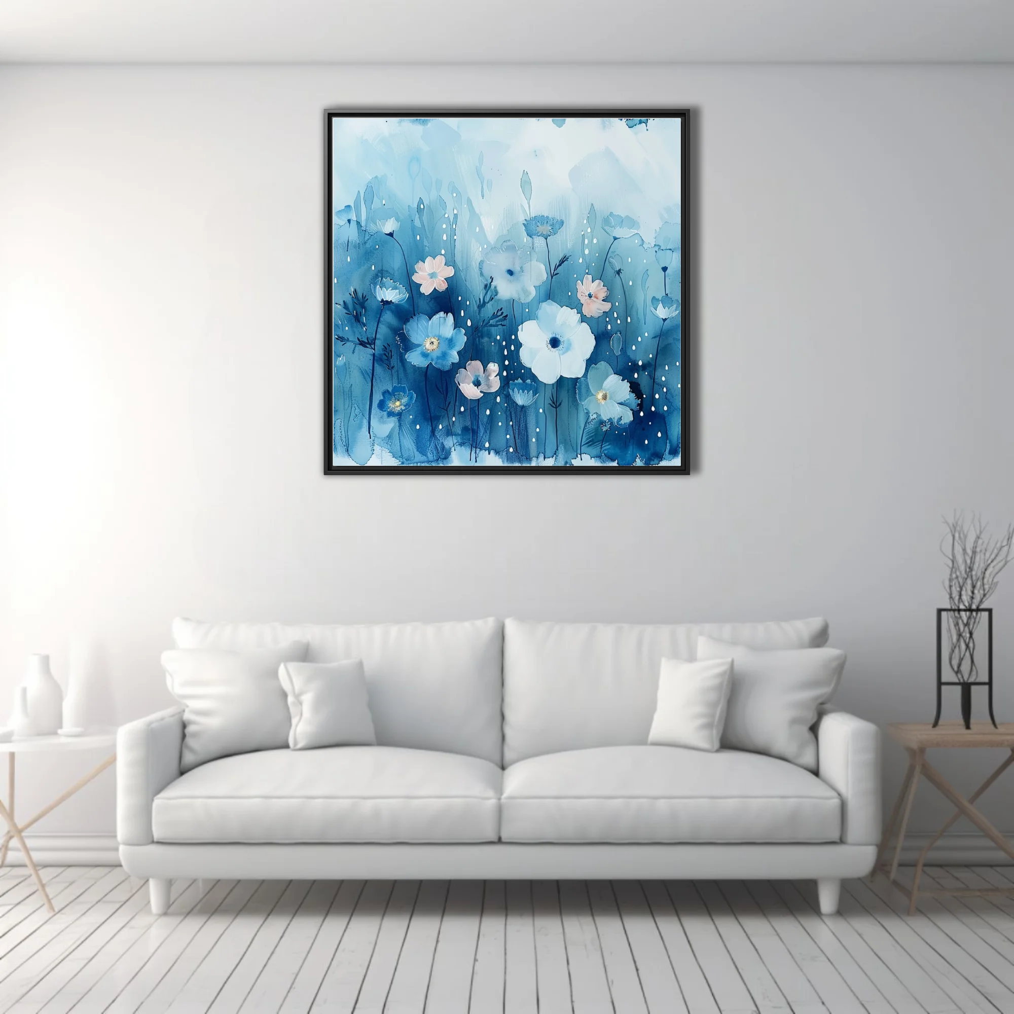 Watercolor-style blue floral art with white and blush blooms and raindrop details