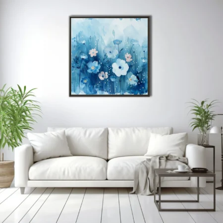 Watercolor-style blue floral art with white and blush blooms and raindrop details