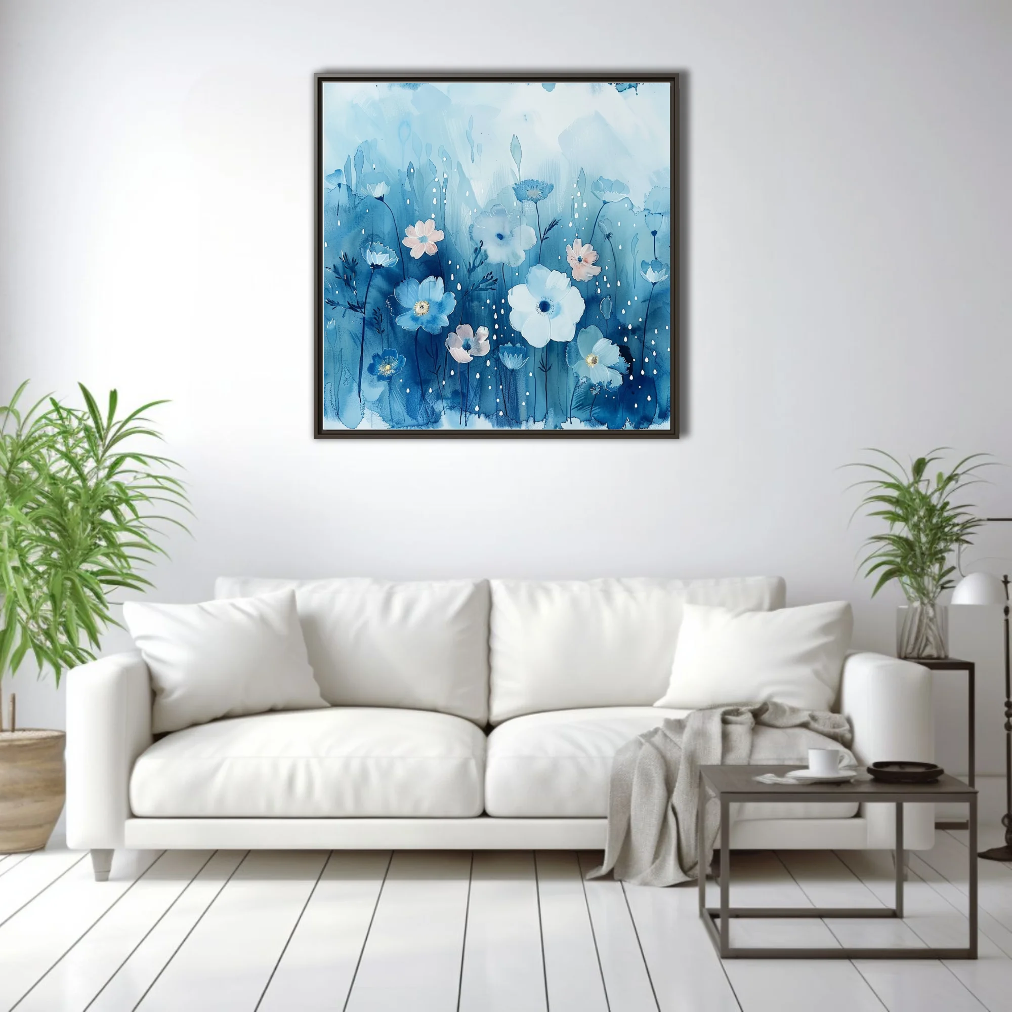 Watercolor-style blue floral art with white and blush blooms and raindrop details