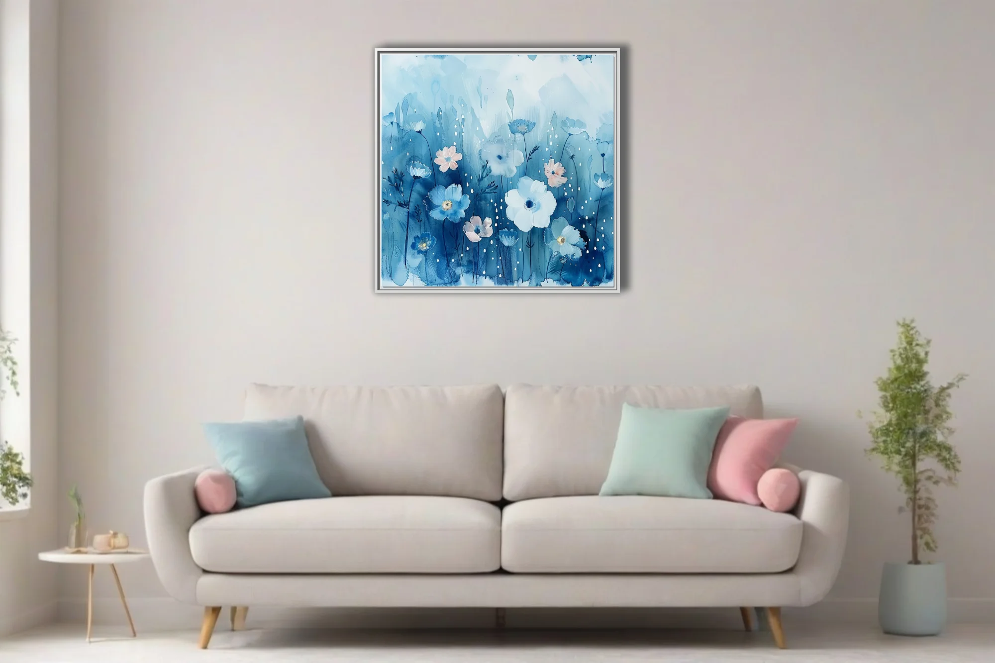 Watercolor-style blue floral art with white and blush blooms and raindrop details