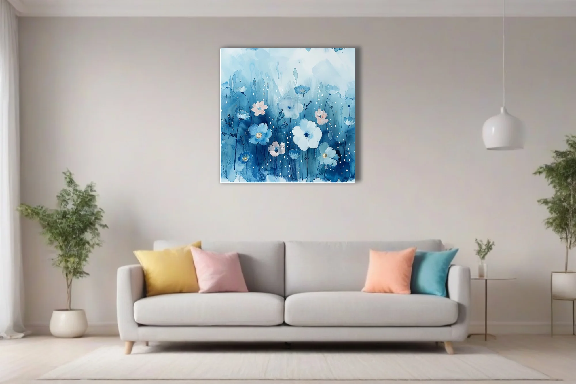 Watercolor-style blue floral art with white and blush blooms and raindrop details