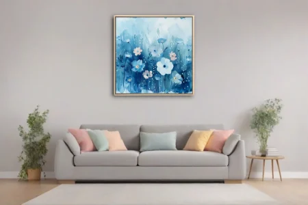 Watercolor-style blue floral art with white and blush blooms and raindrop details