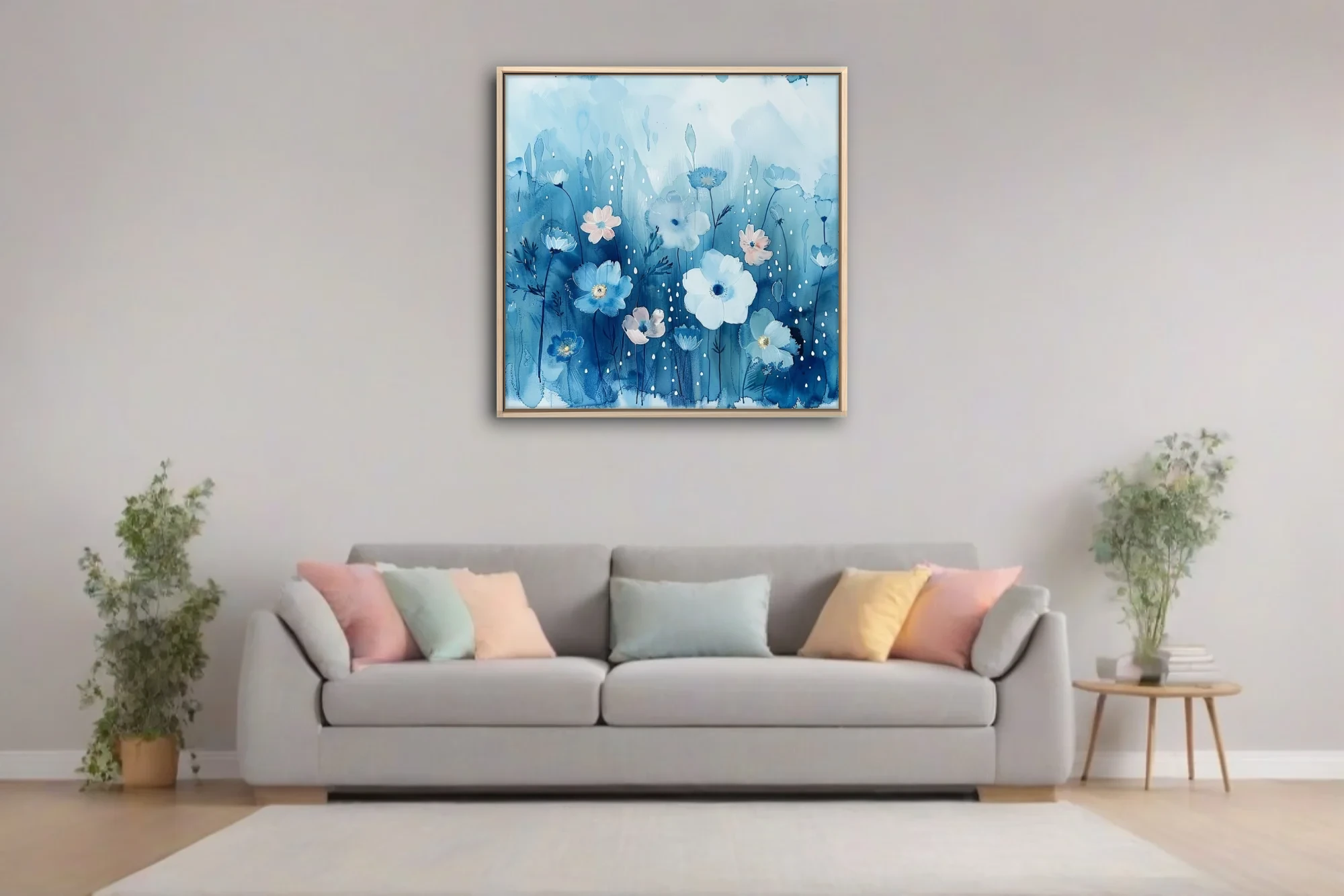 Watercolor-style blue floral art with white and blush blooms and raindrop details