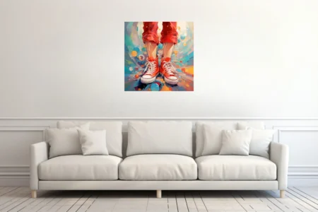 Bold graphic red canvas sneakers with colorful paint splashes and floating orbs
