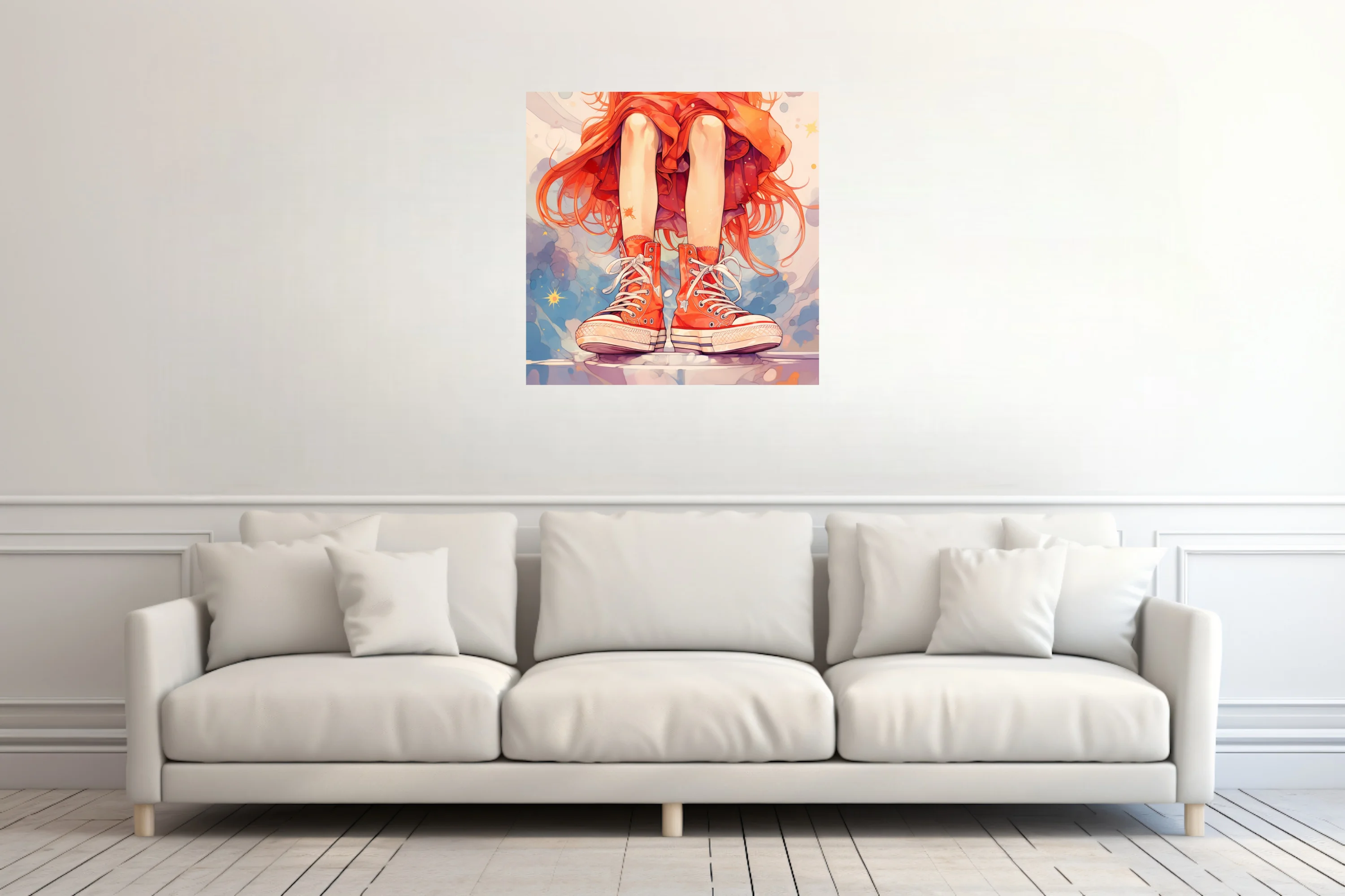 Stylized illustration of red high-top sneakers and flowing orange skirt, vibrant watercolor washes