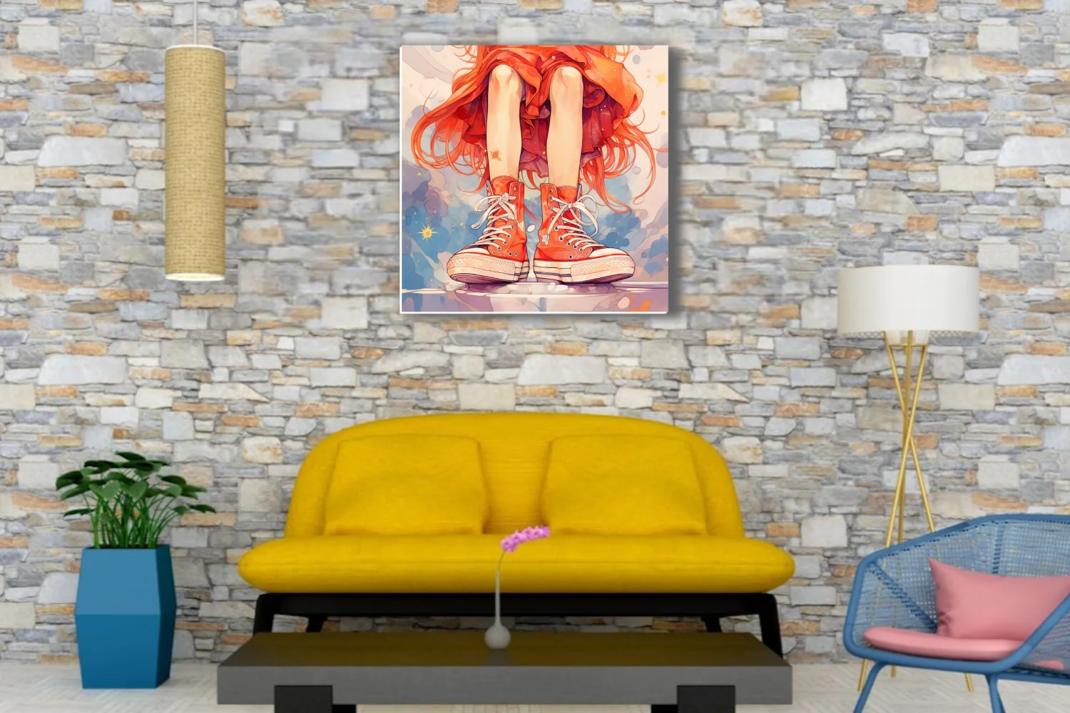 Stylized illustration of red high-top sneakers and flowing orange skirt, vibrant watercolor washes