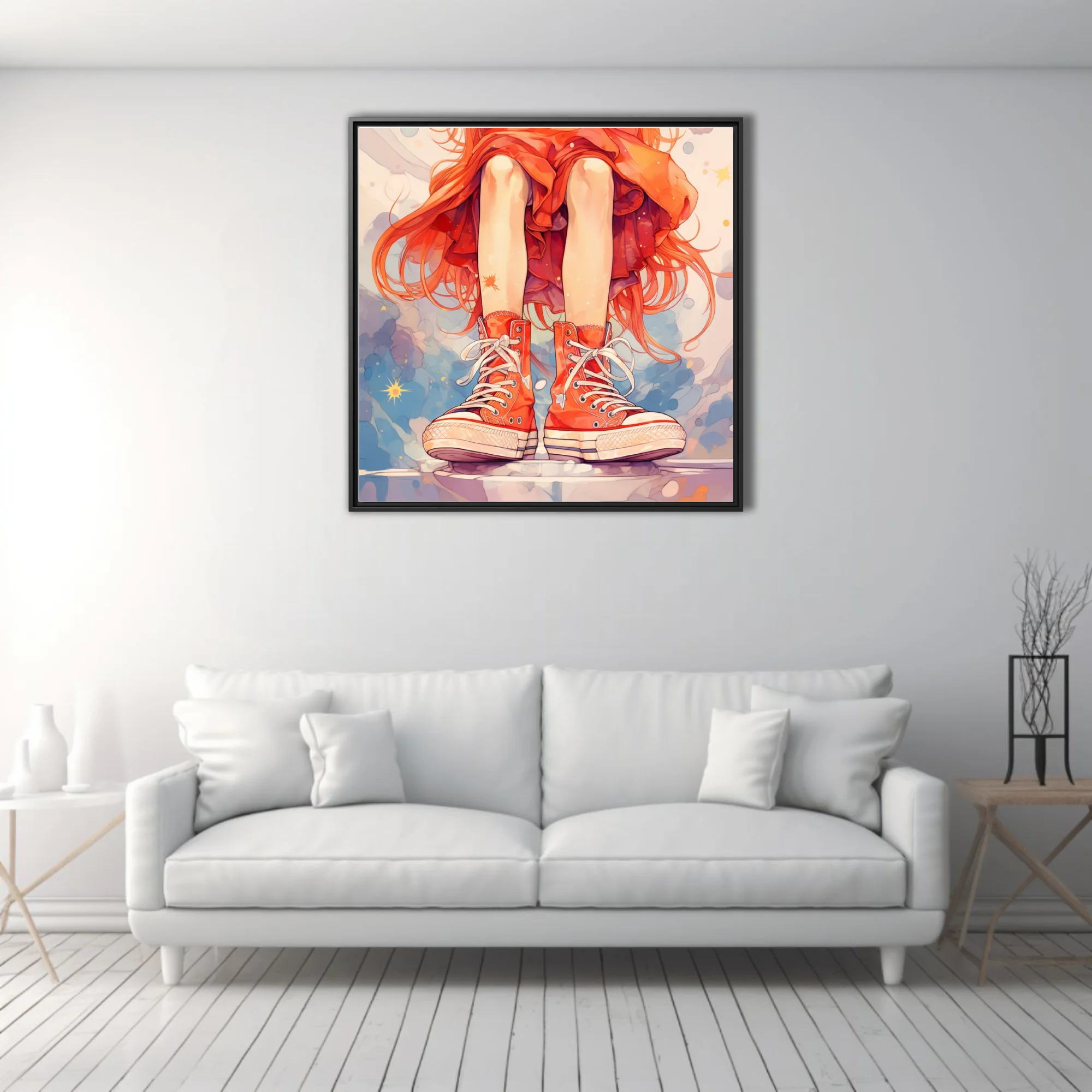 Stylized illustration of red high-top sneakers and flowing orange skirt, vibrant watercolor washes