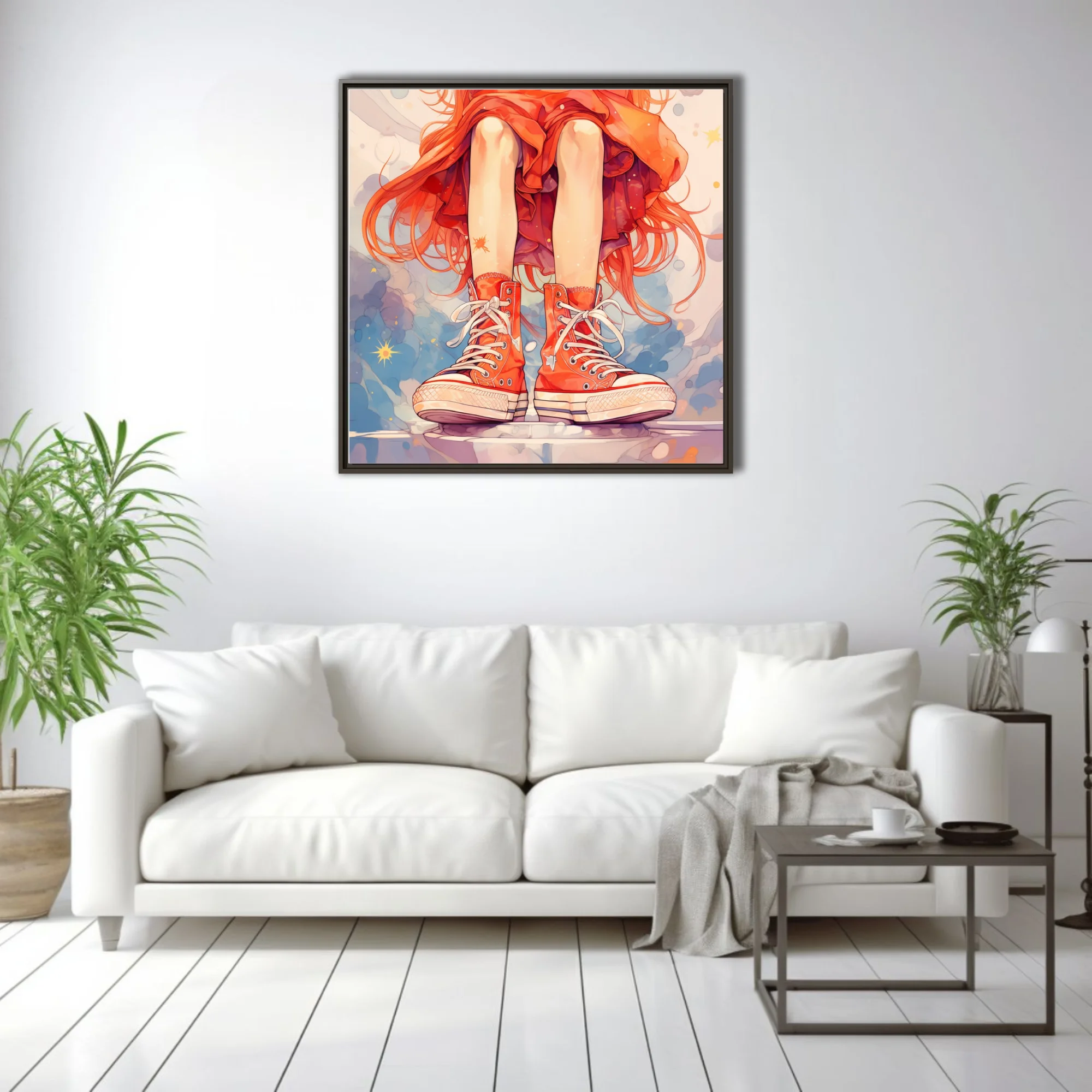 Stylized illustration of red high-top sneakers and flowing orange skirt, vibrant watercolor washes