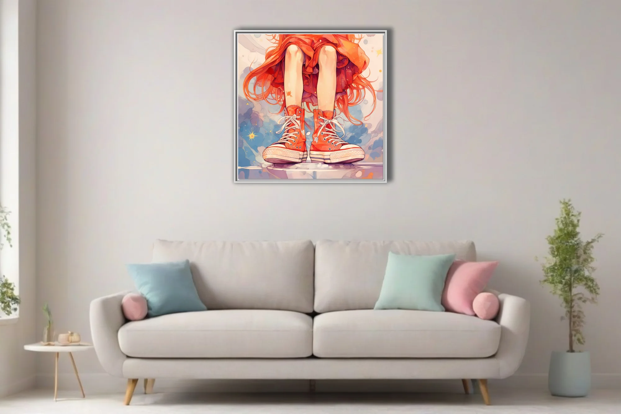 Stylized illustration of red high-top sneakers and flowing orange skirt, vibrant watercolor washes