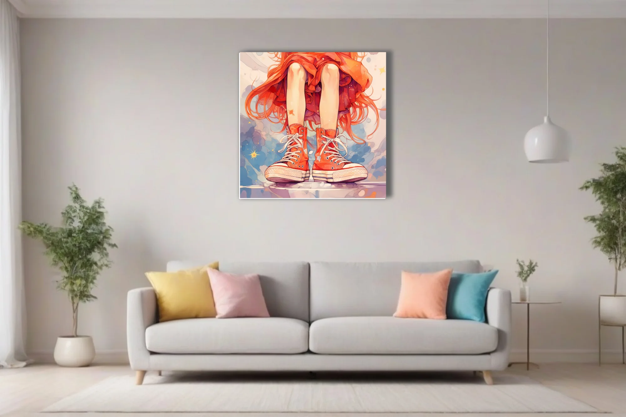 Stylized illustration of red high-top sneakers and flowing orange skirt, vibrant watercolor washes