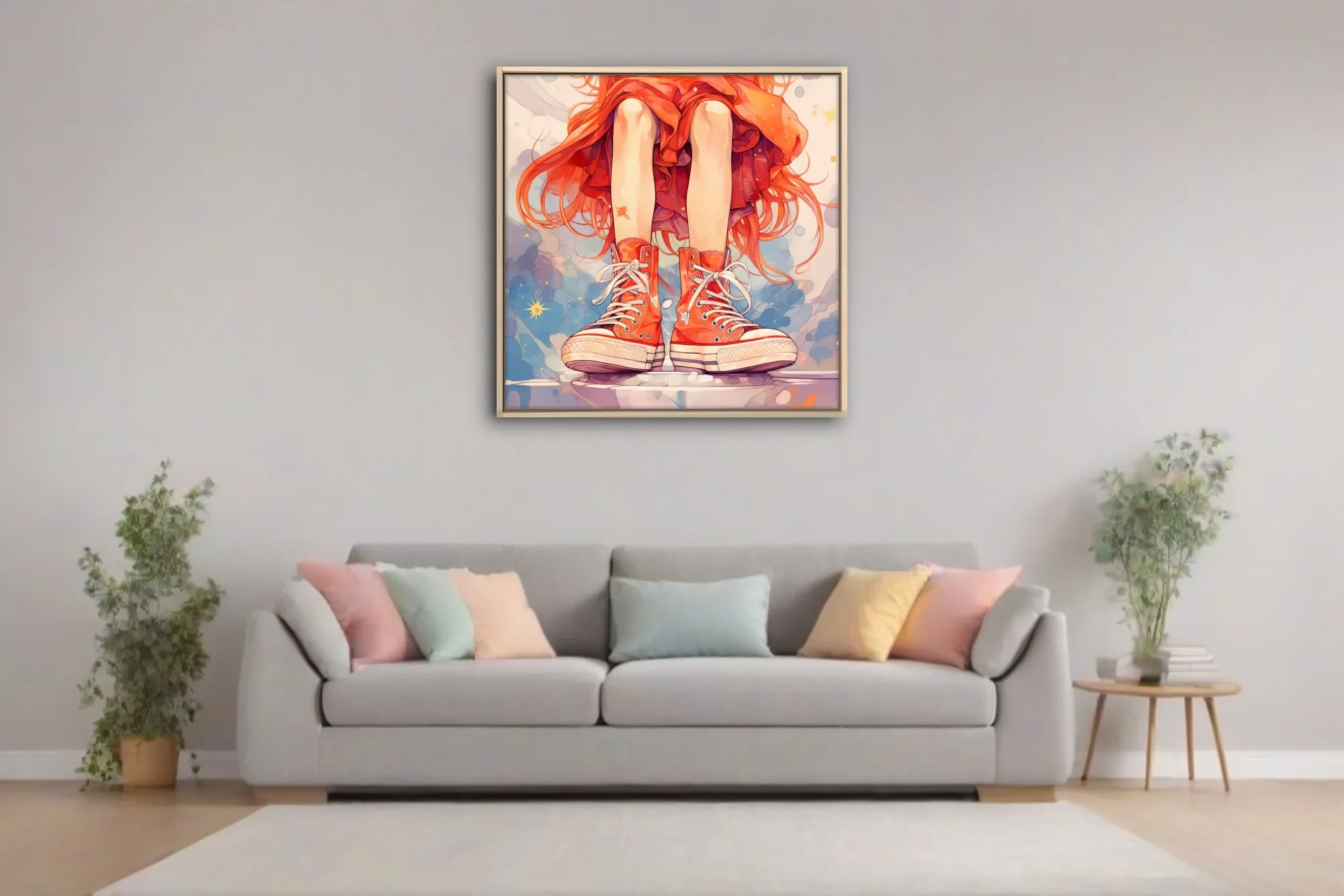 Stylized illustration of red high-top sneakers and flowing orange skirt, vibrant watercolor washes