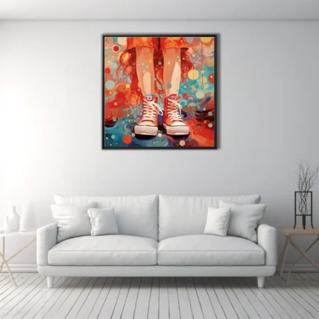 Bold graphic illustration of red high-top sneakers with turquoise and orange swirling bokeh background