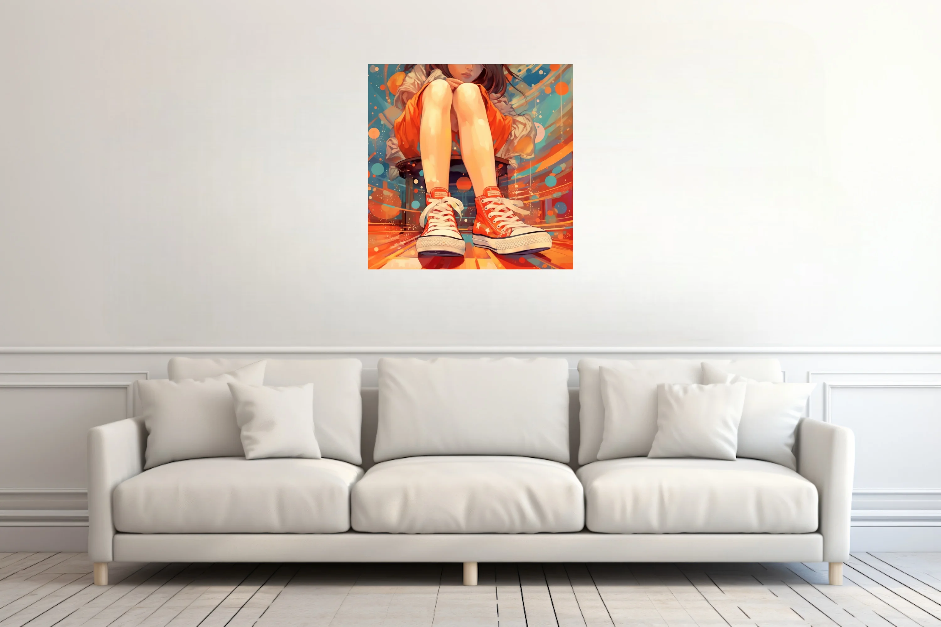 Stylized illustration of seated figure in red high-top sneakers, vibrant bold-graphic background