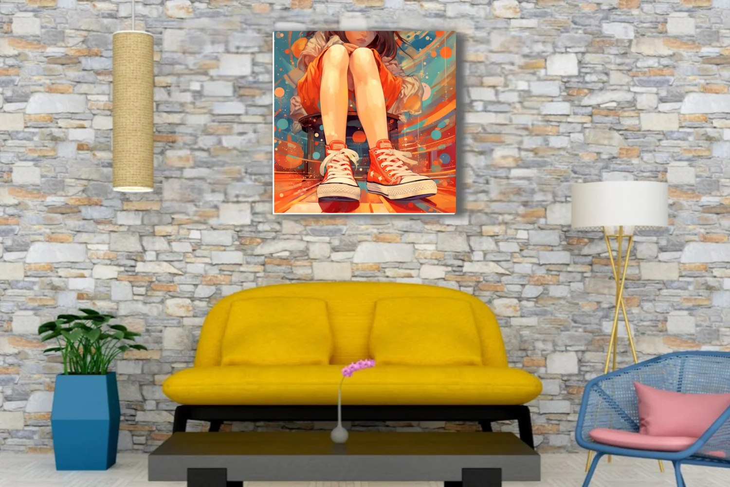 Stylized illustration of seated figure in red high-top sneakers, vibrant bold-graphic background
