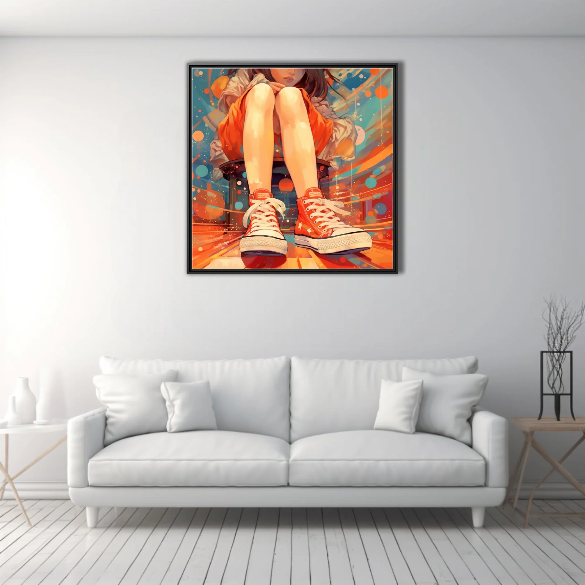 Stylized illustration of seated figure in red high-top sneakers, vibrant bold-graphic background