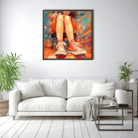 Stylized illustration of seated figure in red high-top sneakers, vibrant bold-graphic background