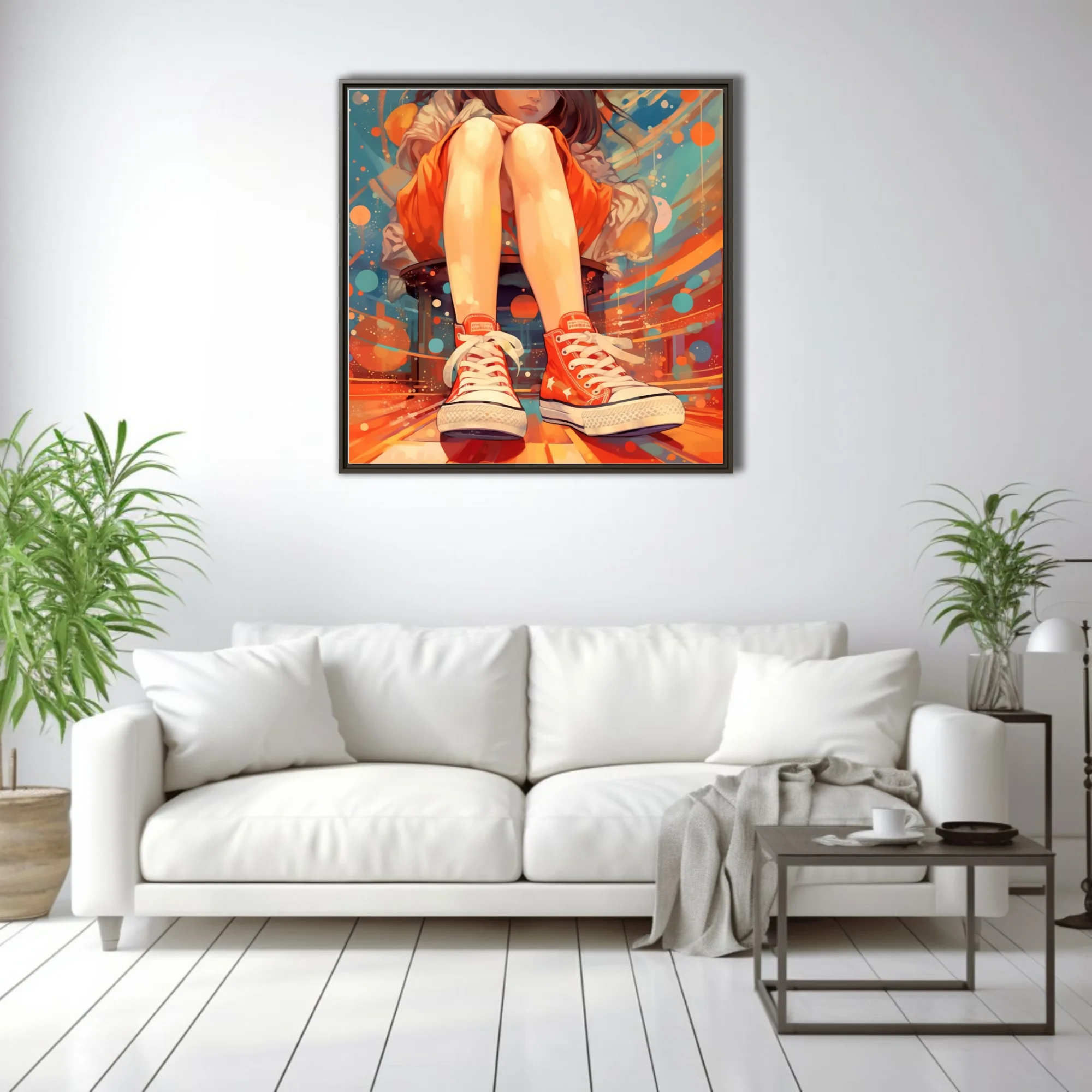 Stylized illustration of seated figure in red high-top sneakers, vibrant bold-graphic background