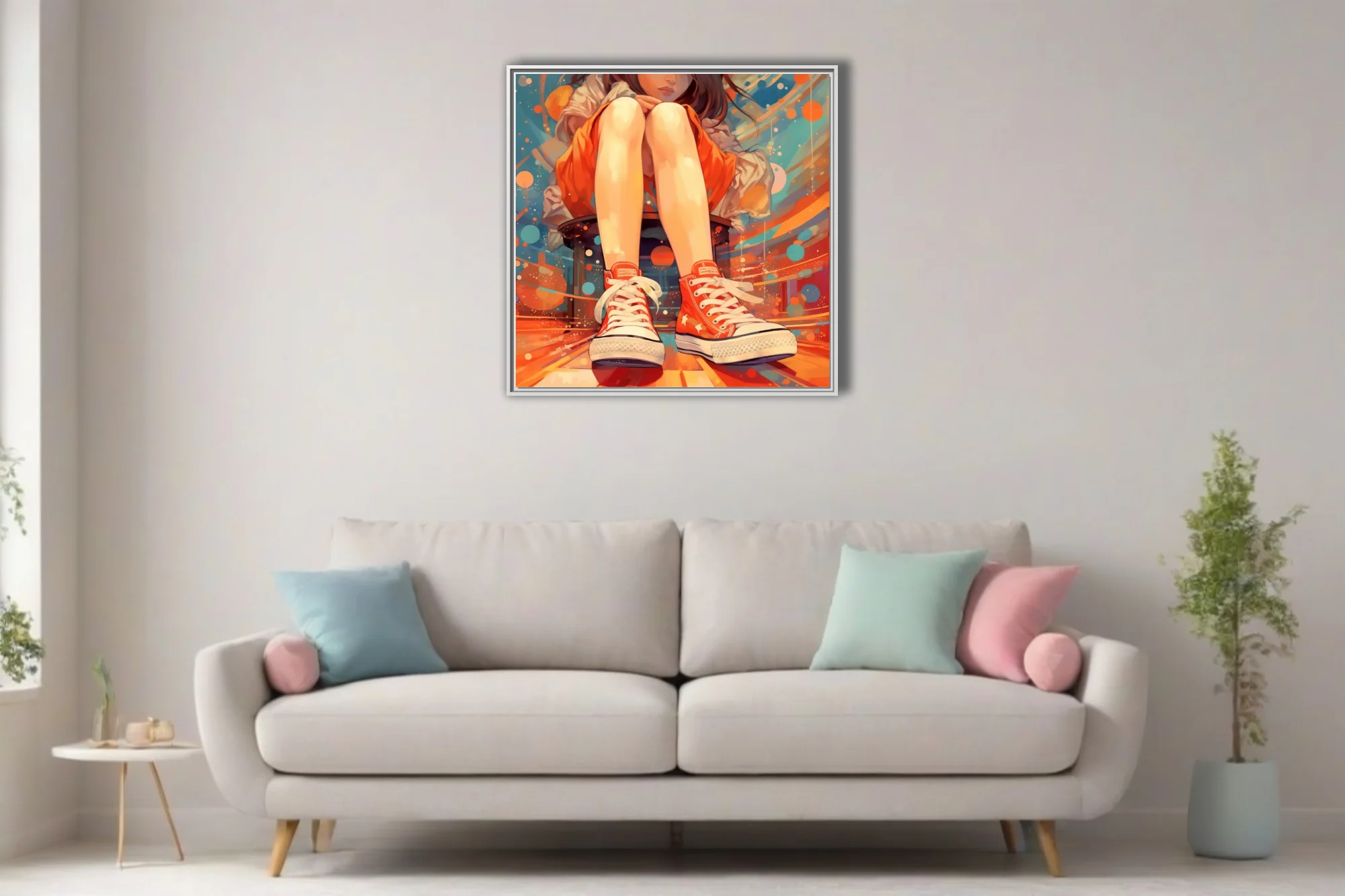 Stylized illustration of seated figure in red high-top sneakers, vibrant bold-graphic background
