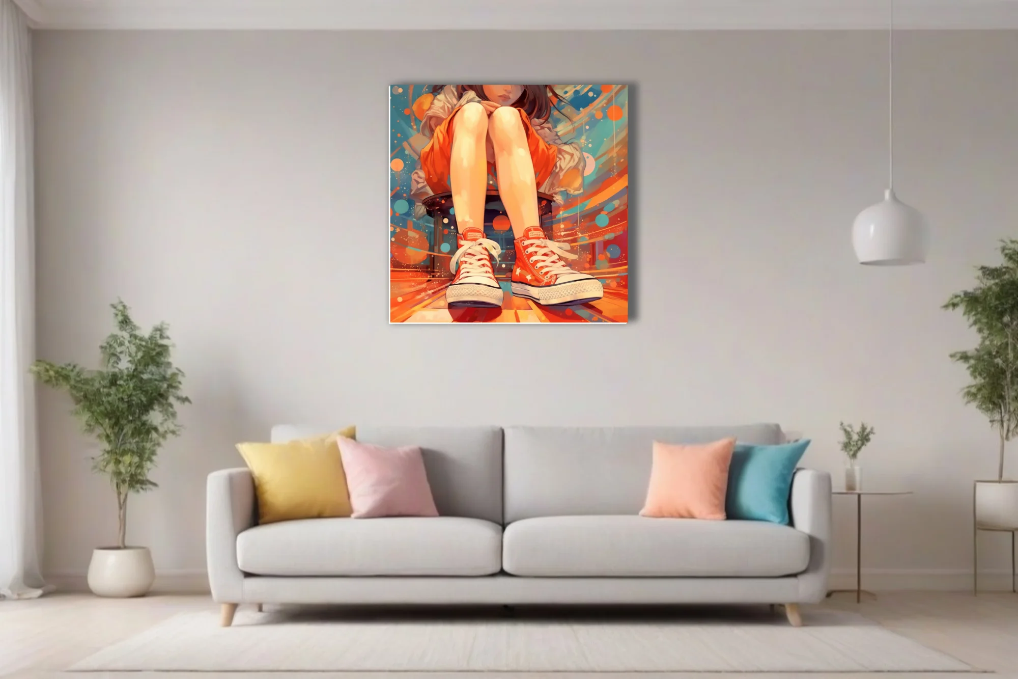 Stylized illustration of seated figure in red high-top sneakers, vibrant bold-graphic background