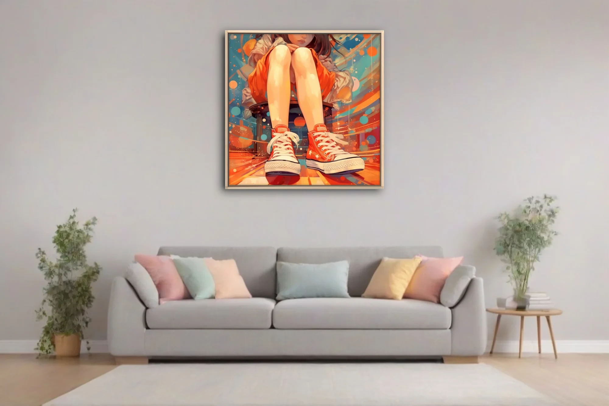 Stylized illustration of seated figure in red high-top sneakers, vibrant bold-graphic background