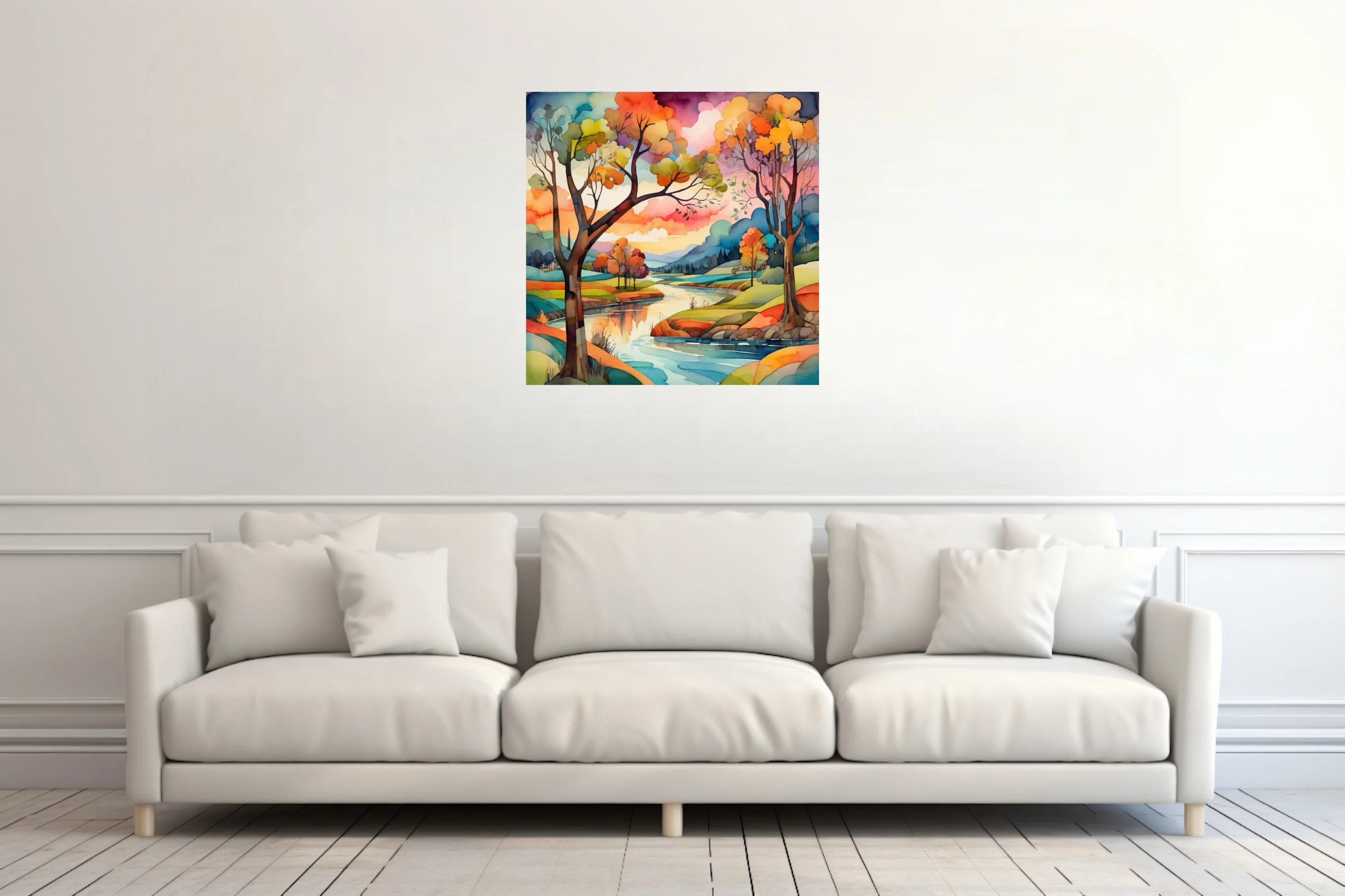 Vibrant watercolor-style autumn river landscape with colorful trees and dramatic sky