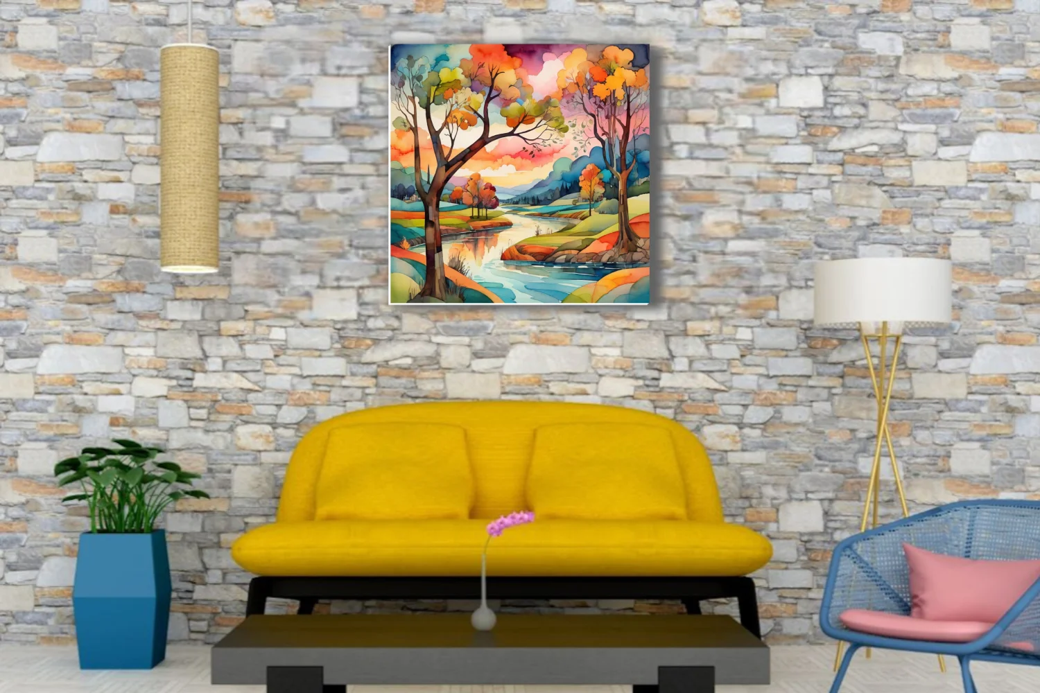 Vibrant watercolor-style autumn river landscape with colorful trees and dramatic sky