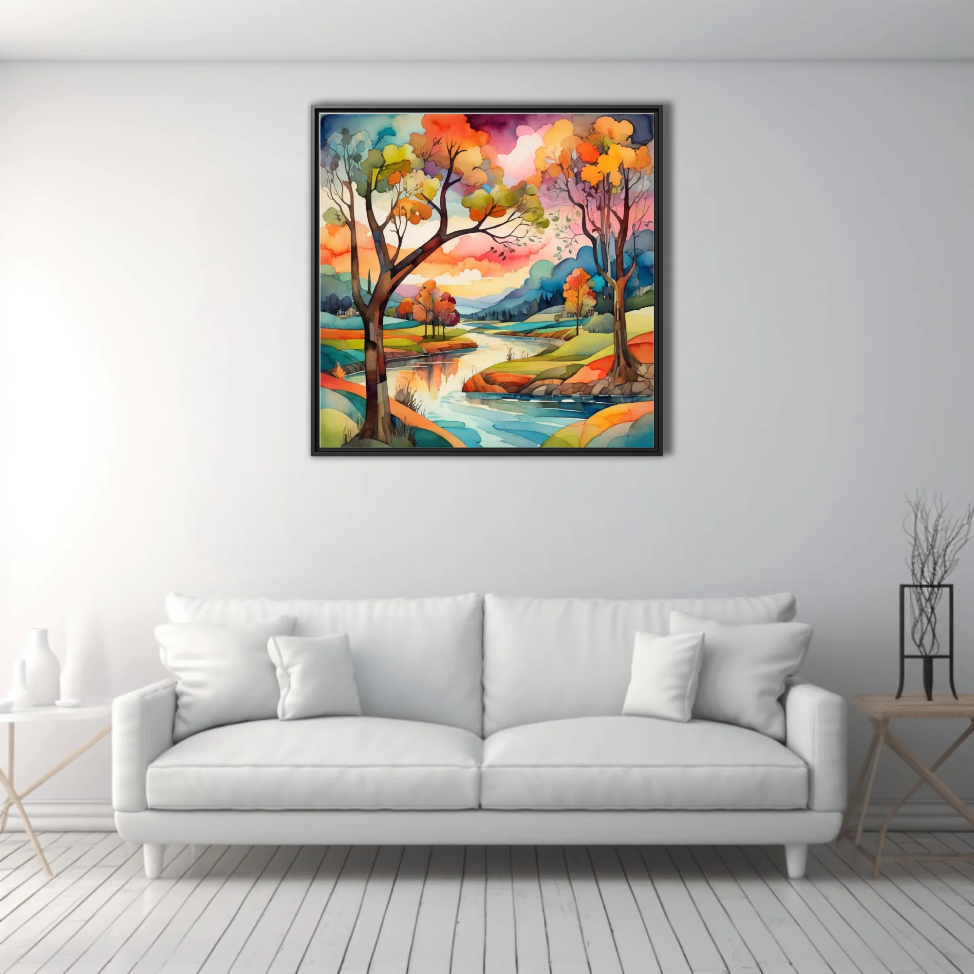 Vibrant watercolor-style autumn river landscape with colorful trees and dramatic sky
