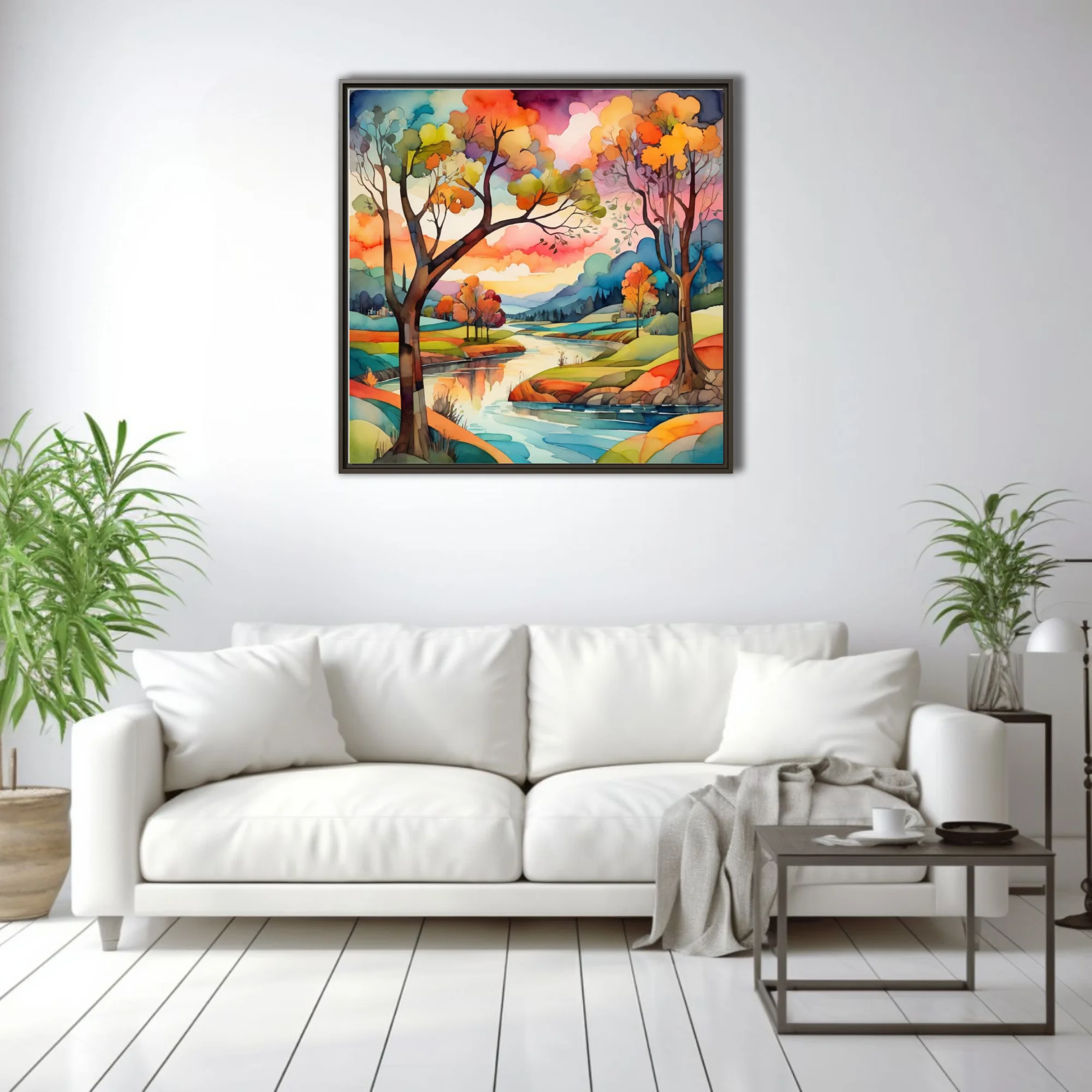 Vibrant watercolor-style autumn river landscape with colorful trees and dramatic sky