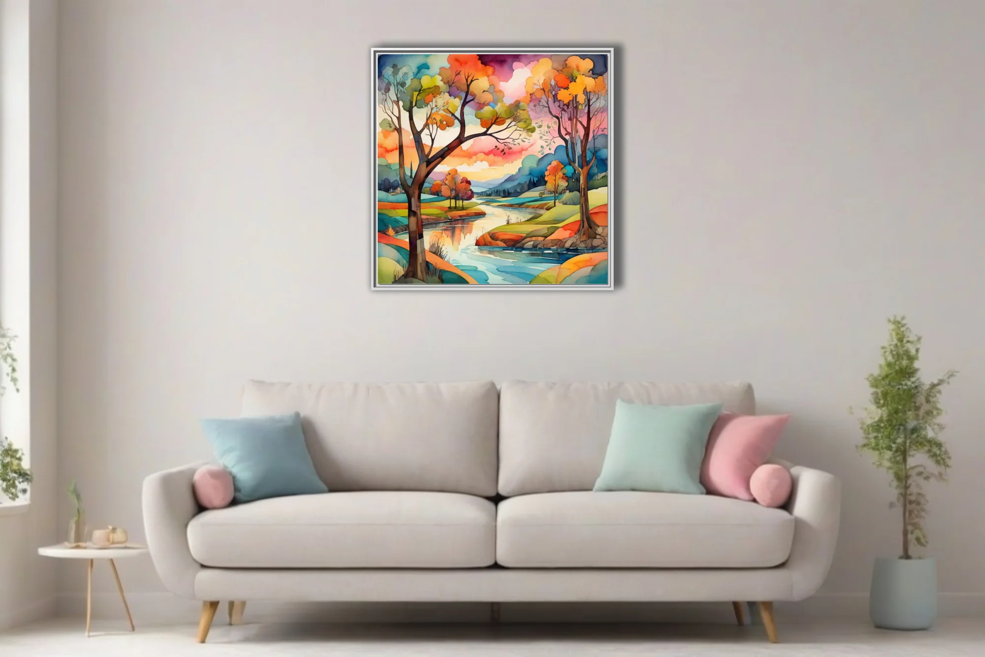 Vibrant watercolor-style autumn river landscape with colorful trees and dramatic sky
