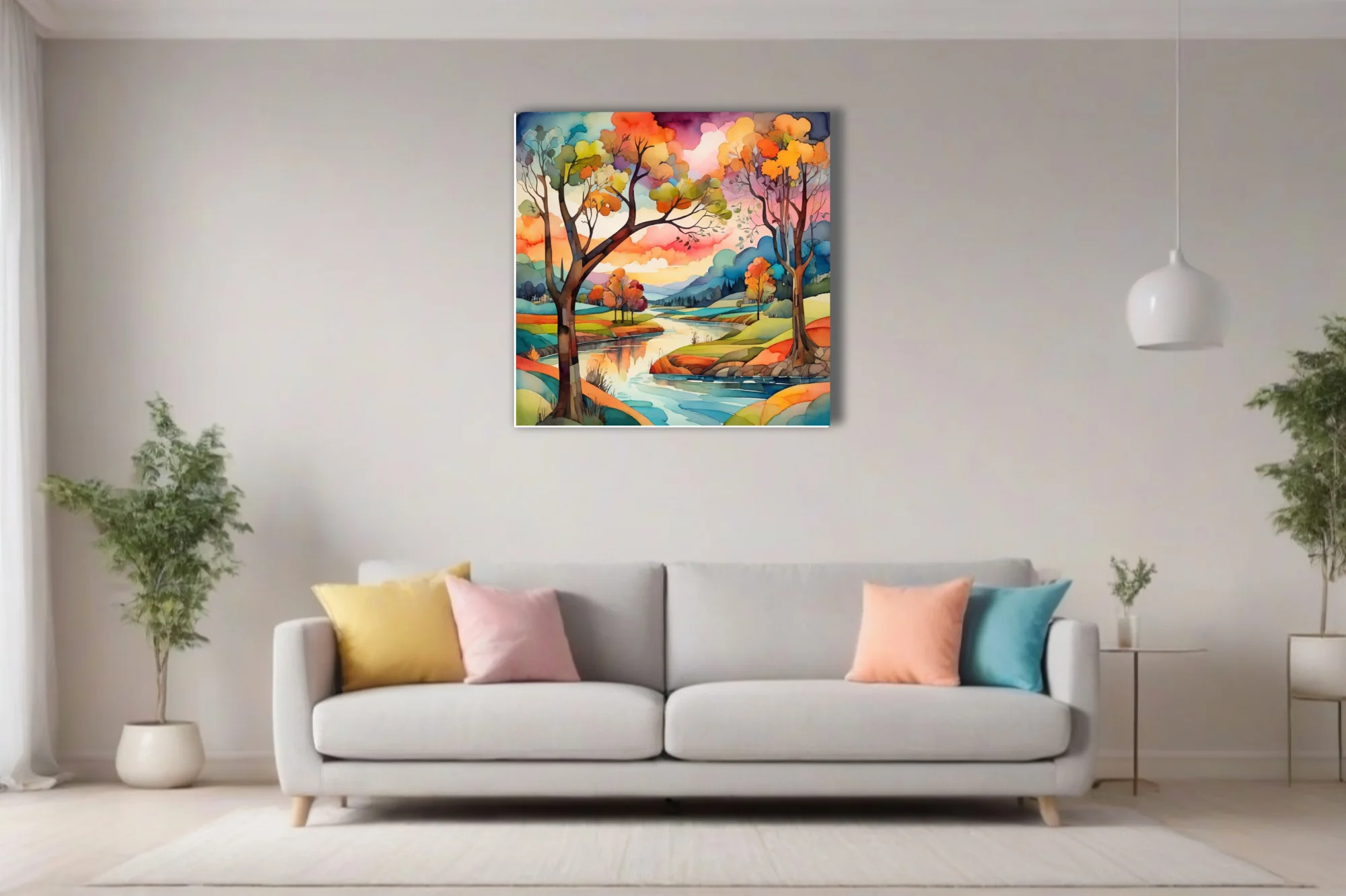 Vibrant watercolor-style autumn river landscape with colorful trees and dramatic sky