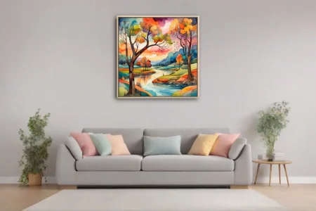 Vibrant watercolor-style autumn river landscape with colorful trees and dramatic sky