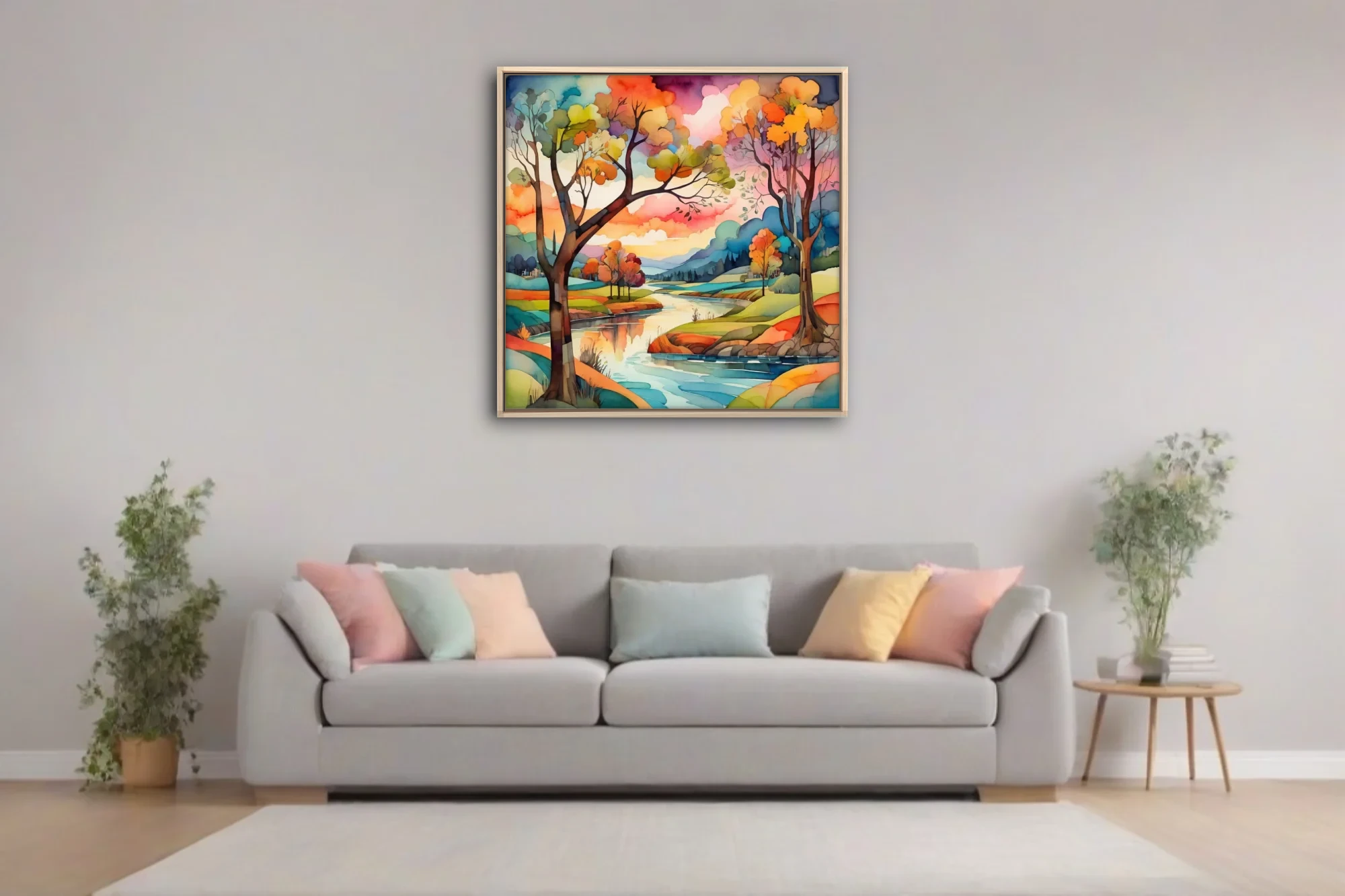 Vibrant watercolor-style autumn river landscape with colorful trees and dramatic sky