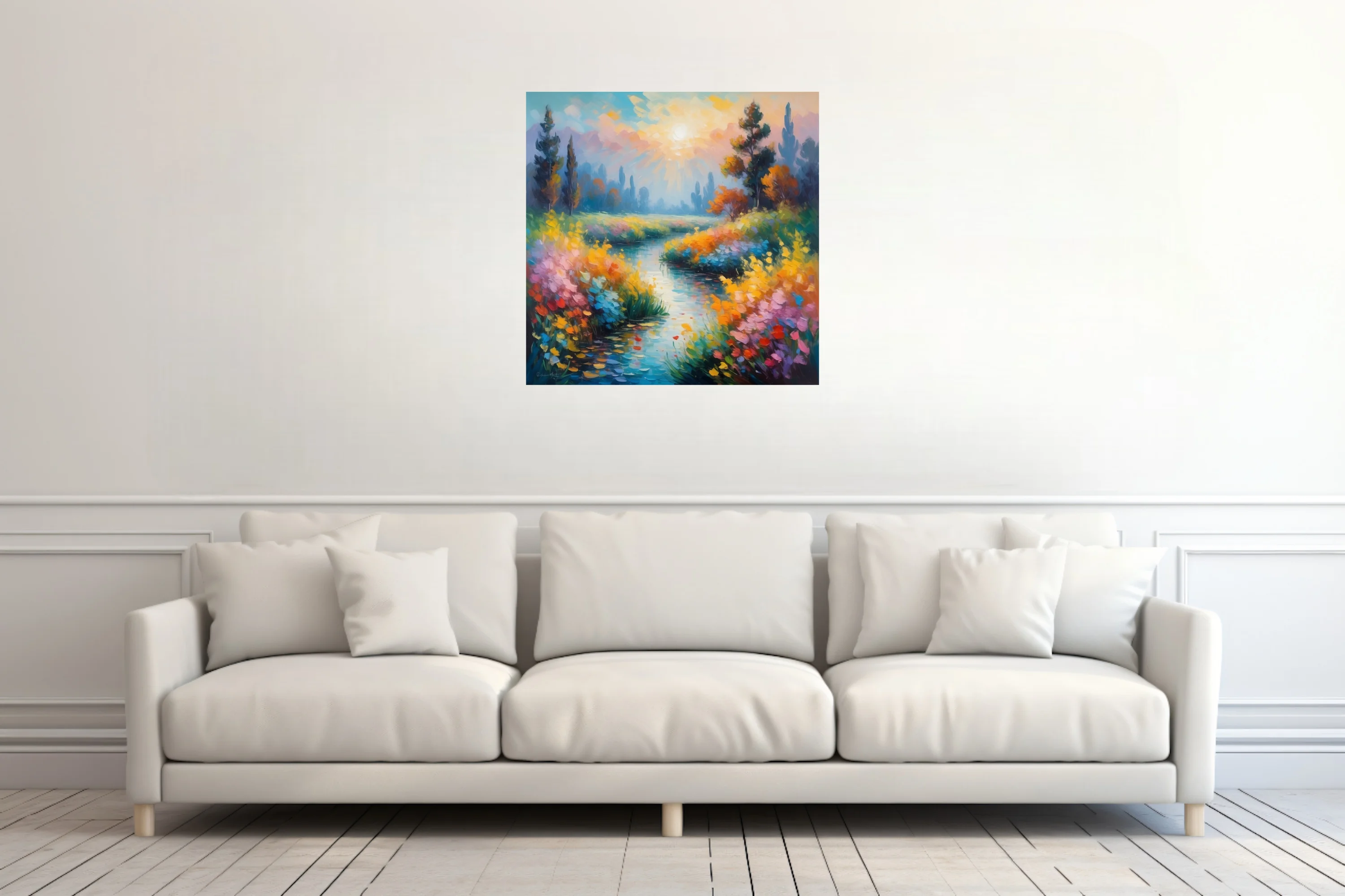 Soft painterly river landscape with wildflowers, sunburst sky, jewel-toned painterly strokes