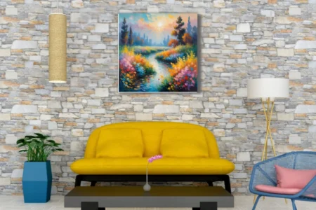 Soft painterly river landscape with wildflowers, sunburst sky, jewel-toned painterly strokes