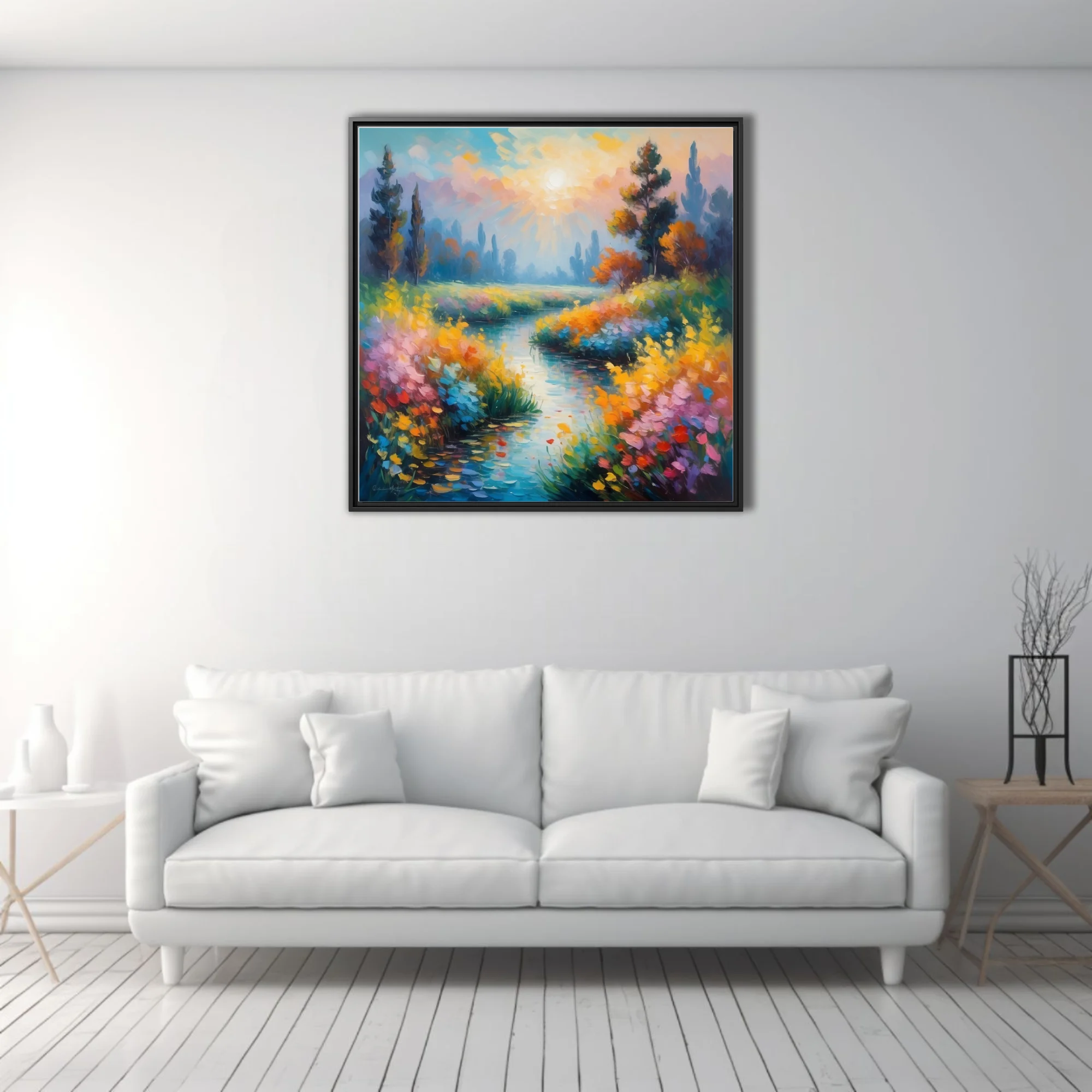 Soft painterly river landscape with wildflowers, sunburst sky, jewel-toned painterly strokes