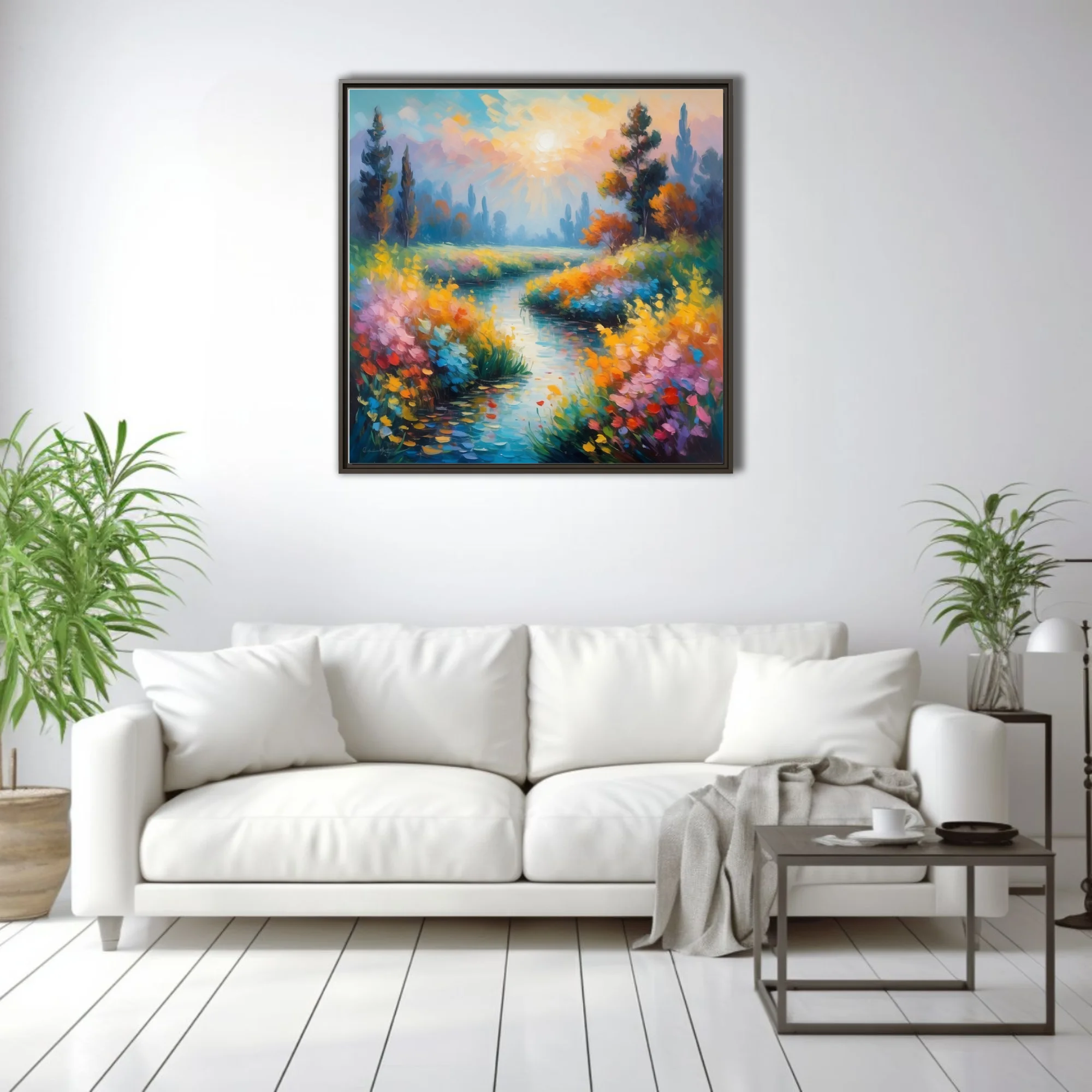 Soft painterly river landscape with wildflowers, sunburst sky, jewel-toned painterly strokes