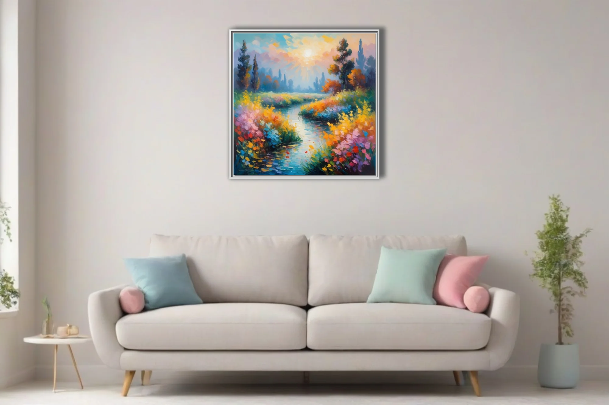 Soft painterly river landscape with wildflowers, sunburst sky, jewel-toned painterly strokes