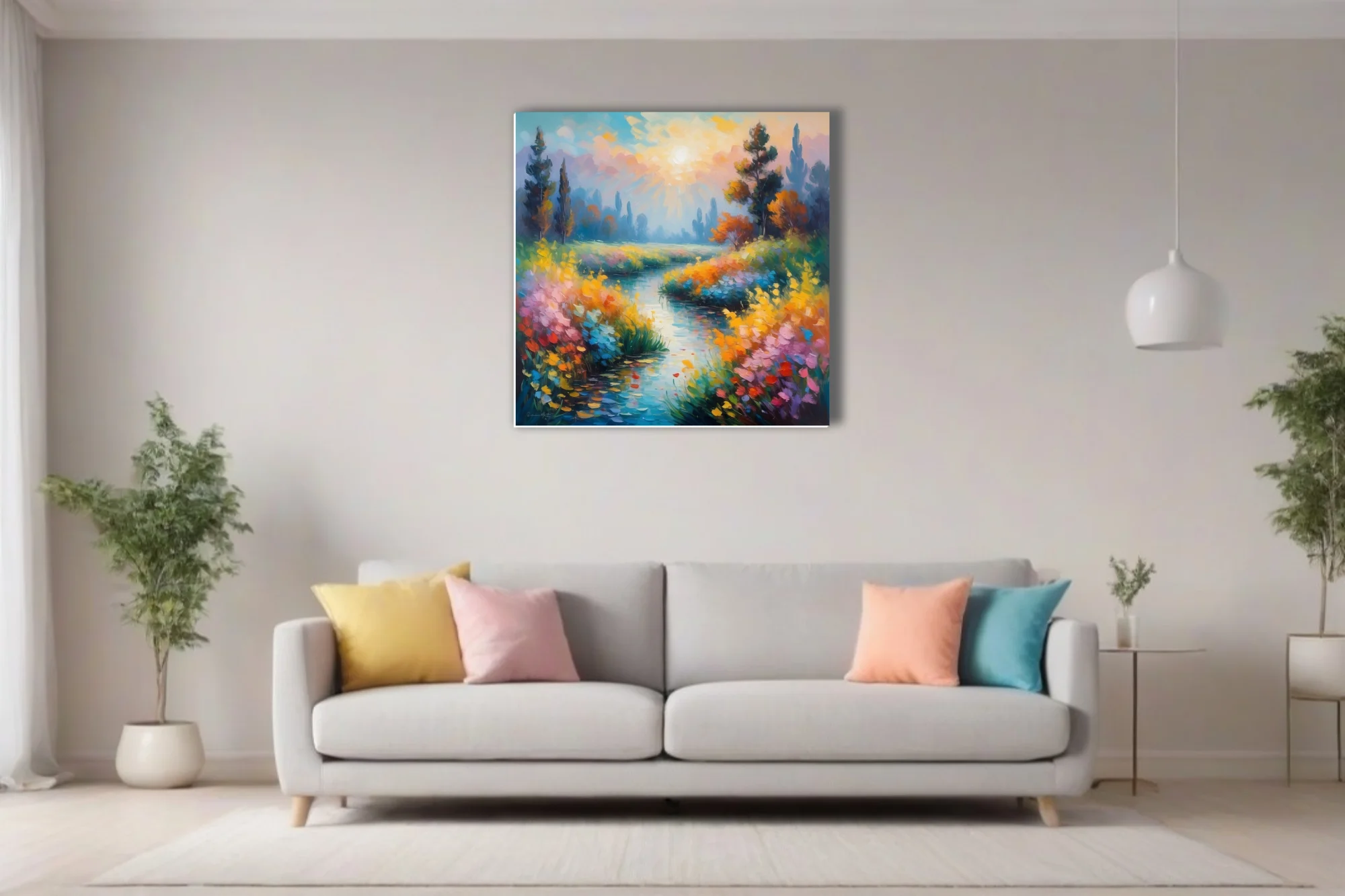 Soft painterly river landscape with wildflowers, sunburst sky, jewel-toned painterly strokes