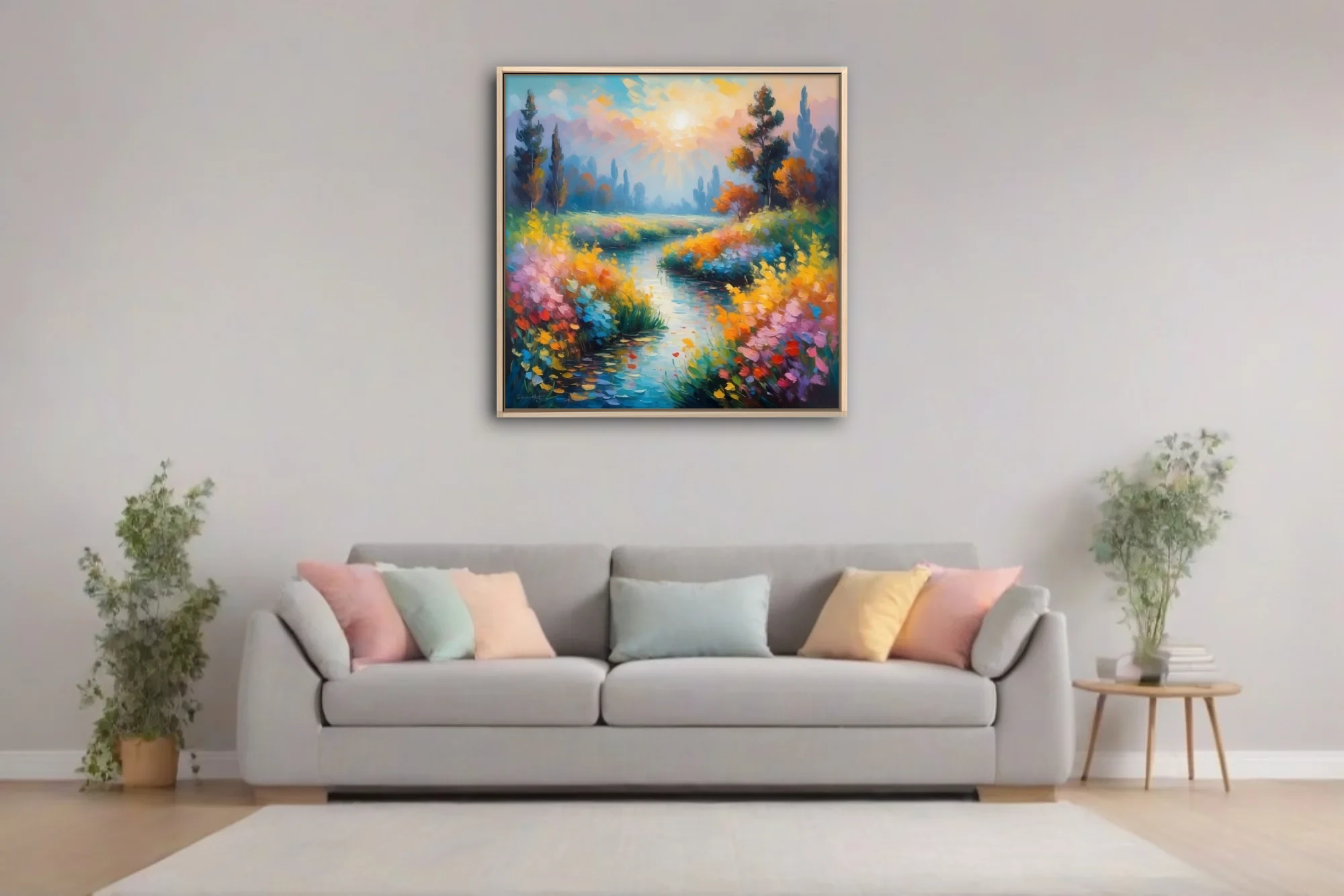 Soft painterly river landscape with wildflowers, sunburst sky, jewel-toned painterly strokes