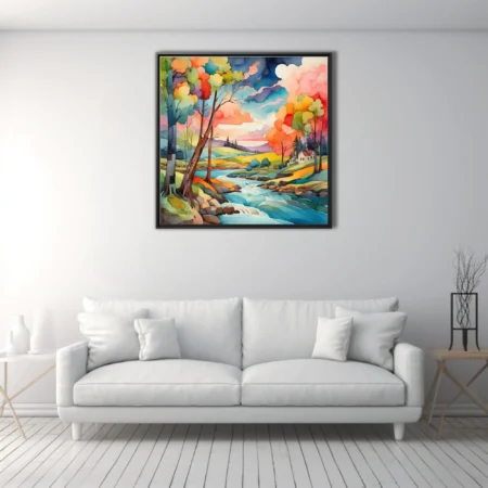 Vivid watercolor-style river landscape with vibrant multicolored trees and rolling countryside