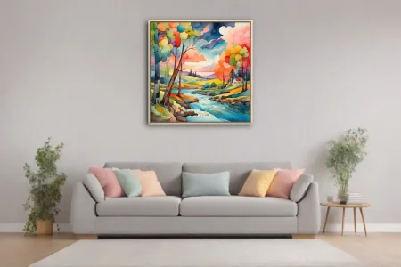 Vivid watercolor-style river landscape with vibrant multicolored trees and rolling countryside