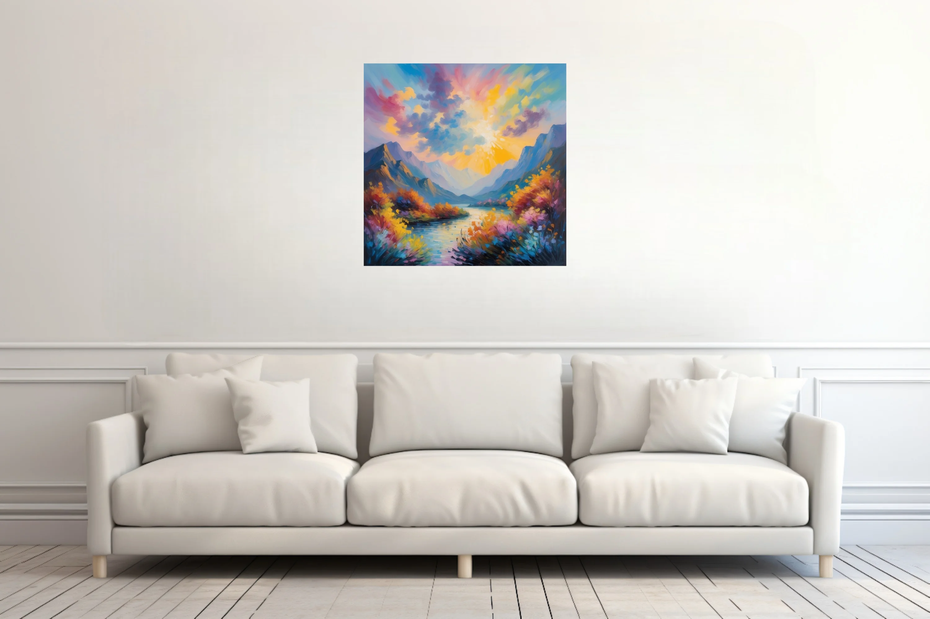 Vibrant painterly mountain river landscape with sunburst sky and wildflower banks