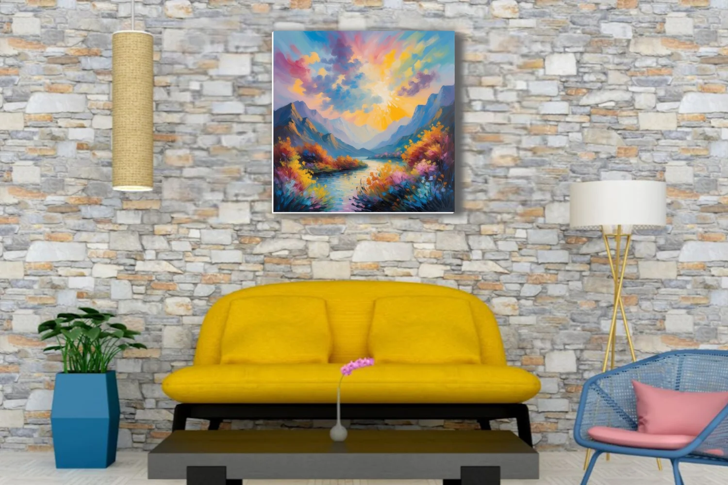 Vibrant painterly mountain river landscape with sunburst sky and wildflower banks