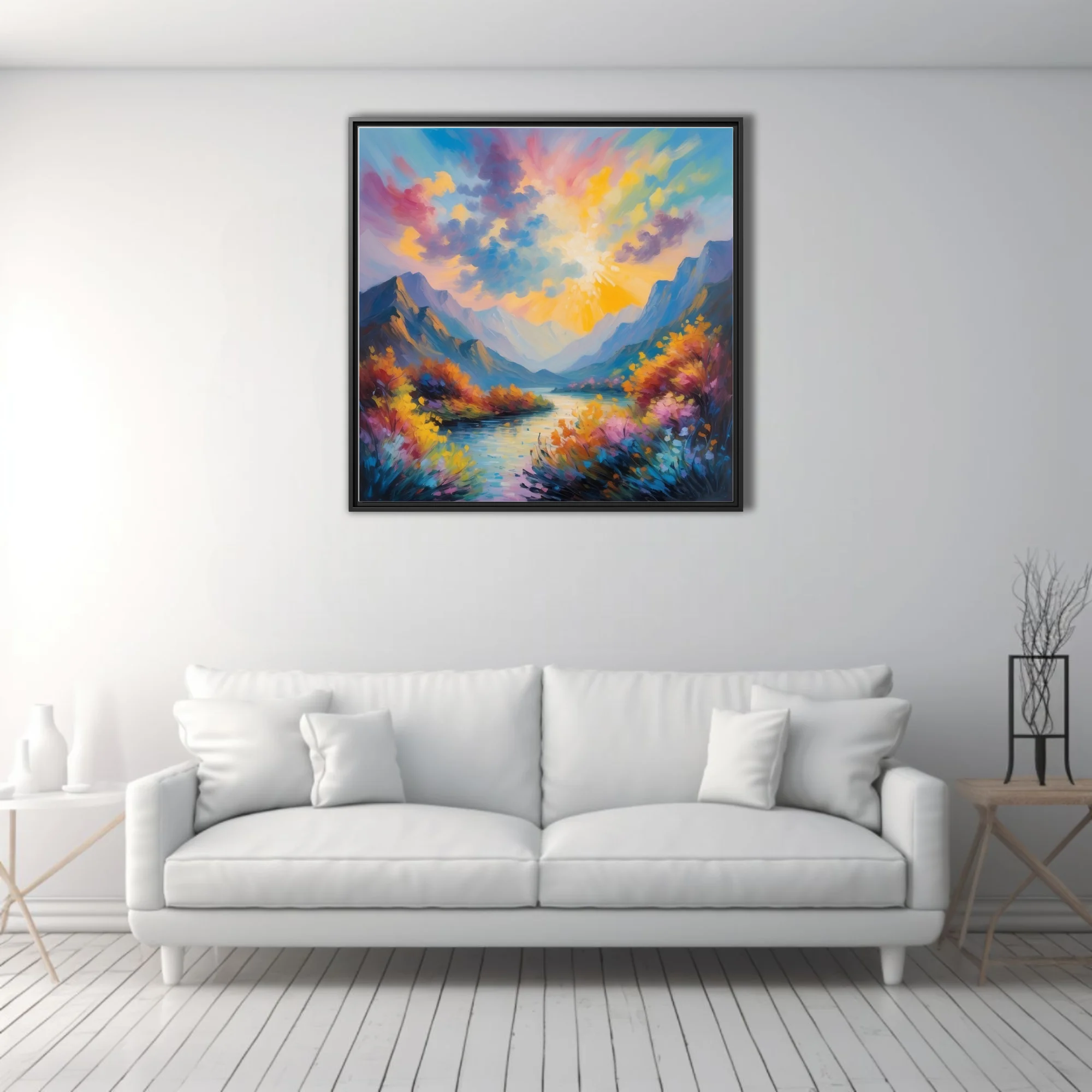 Vibrant painterly mountain river landscape with sunburst sky and wildflower banks