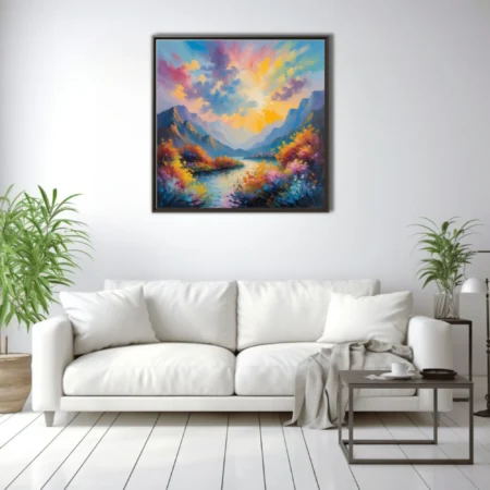 Vibrant painterly mountain river landscape with sunburst sky and wildflower banks