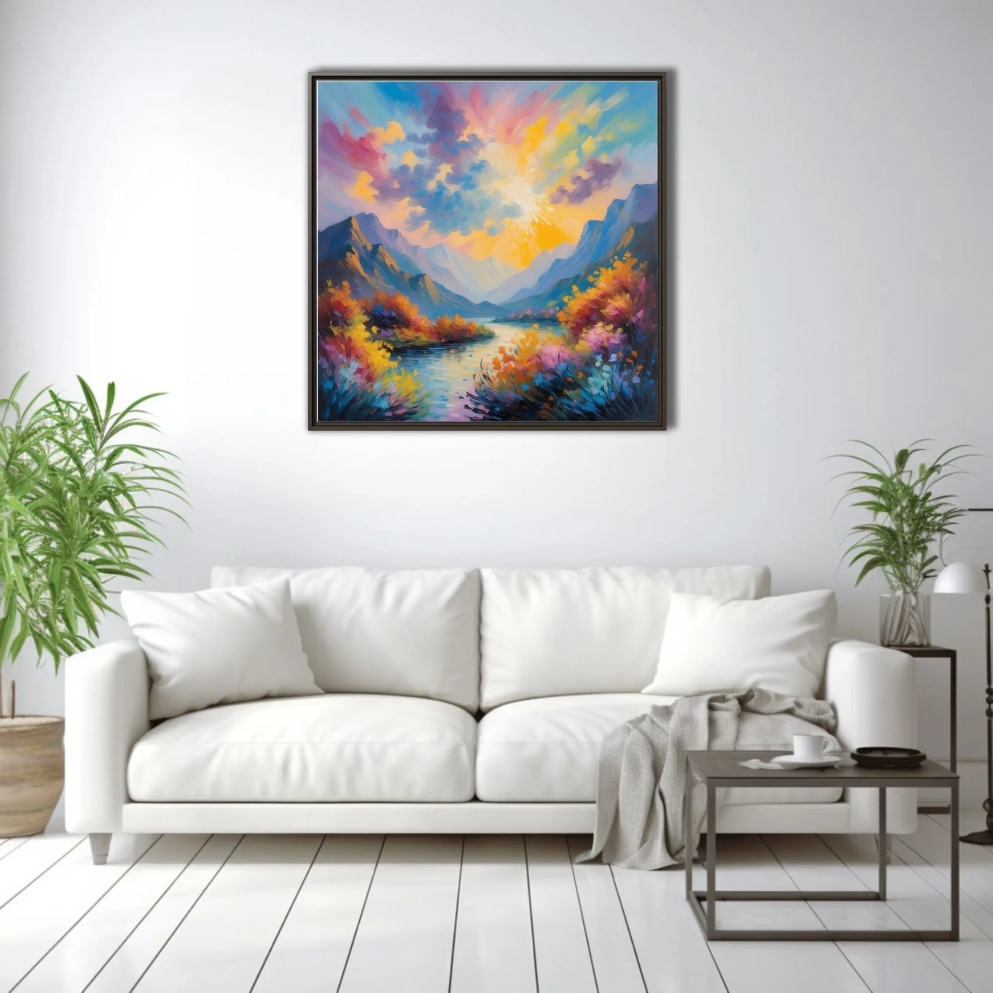 Vibrant painterly mountain river landscape with sunburst sky and wildflower banks
