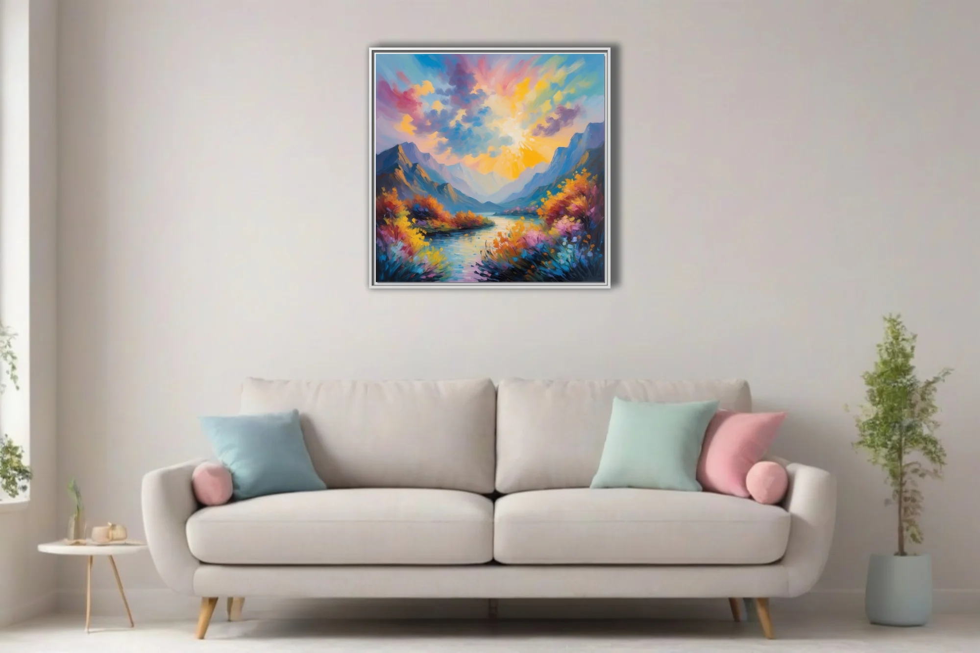 Vibrant painterly mountain river landscape with sunburst sky and wildflower banks