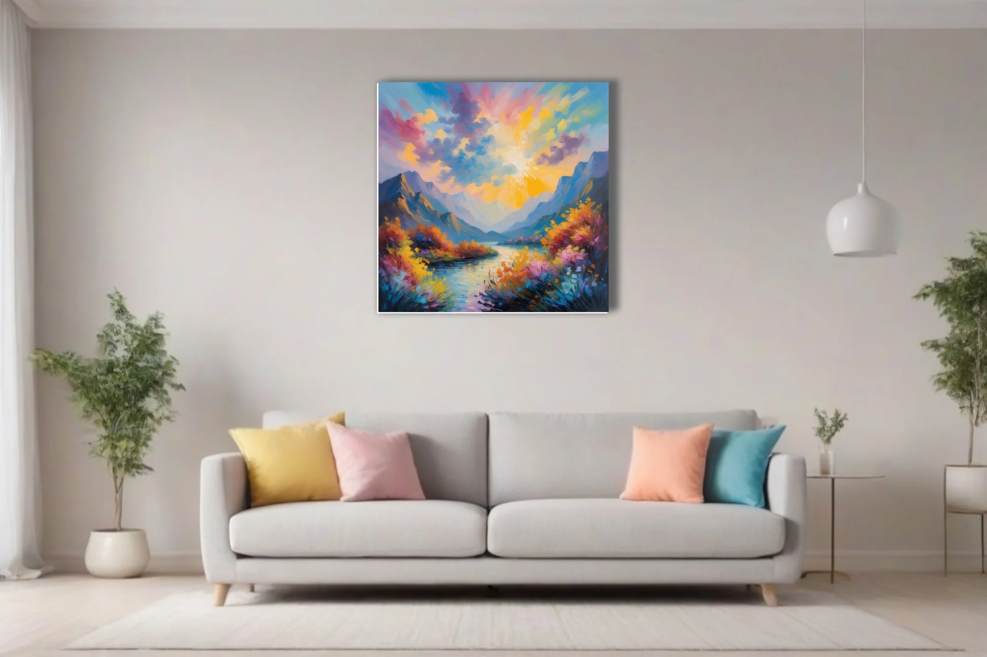 Vibrant painterly mountain river landscape with sunburst sky and wildflower banks