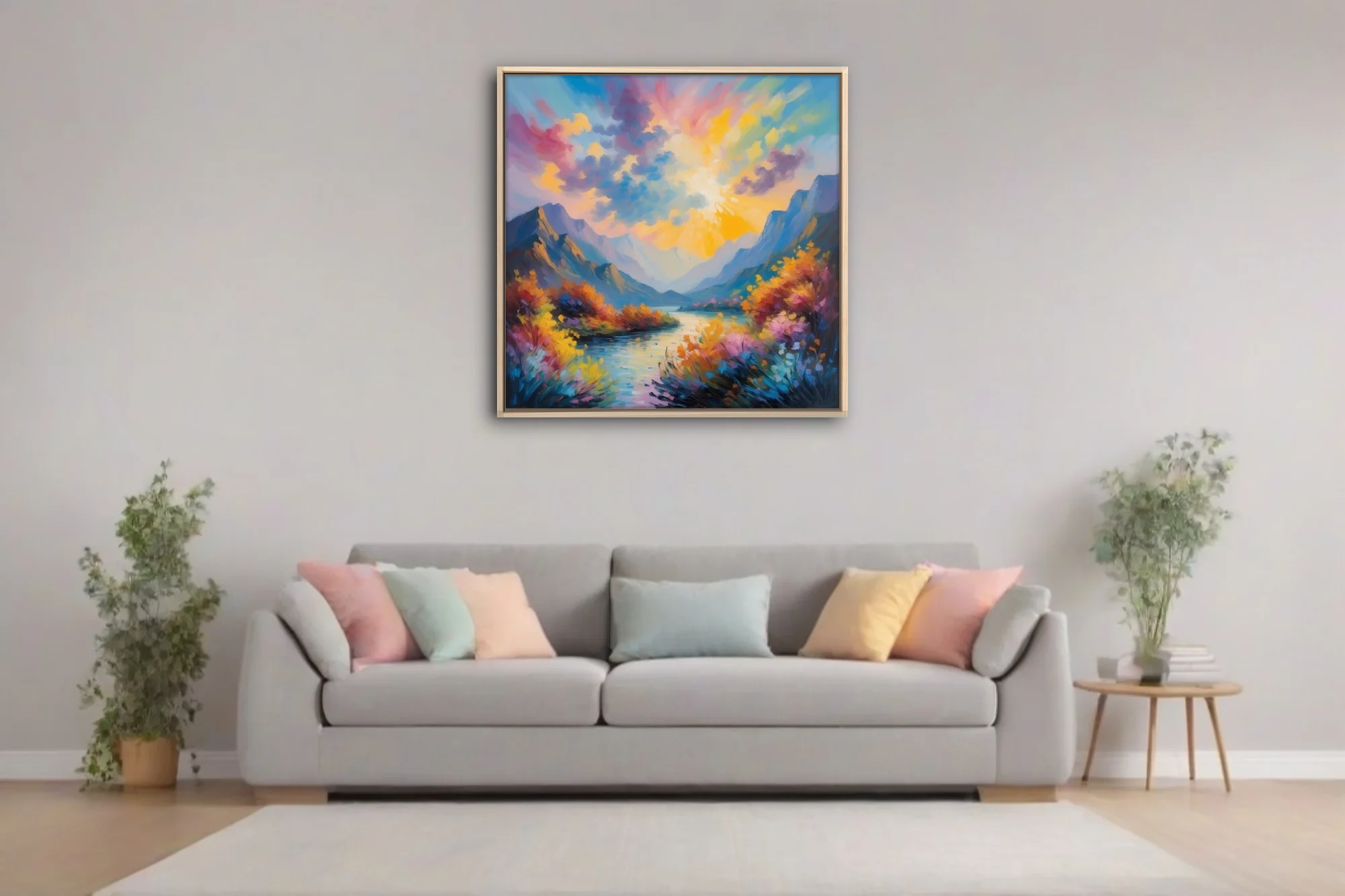 Vibrant painterly mountain river landscape with sunburst sky and wildflower banks