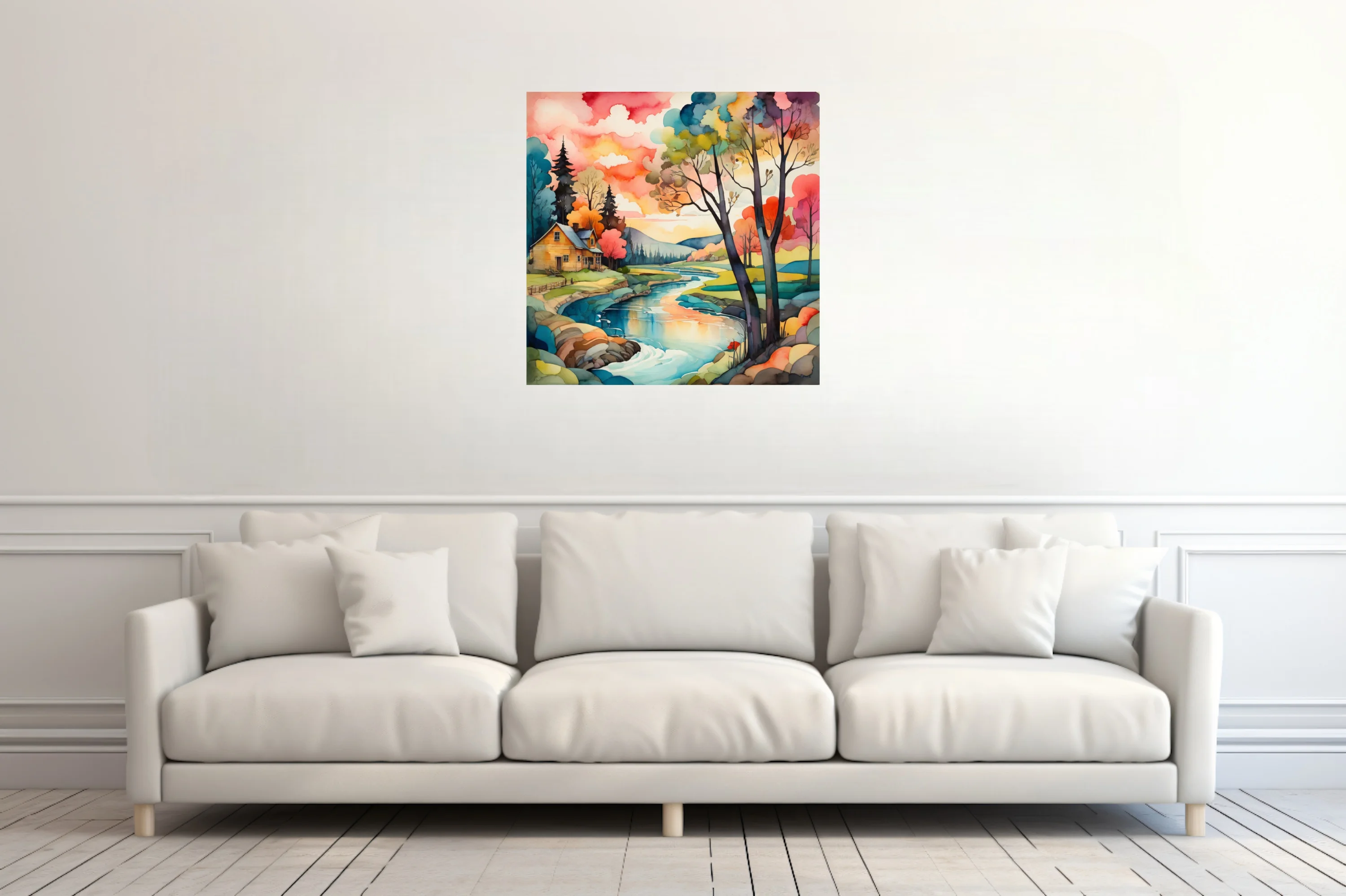 Vivid watercolor-style rural landscape with vibrant rainbow trees and winding stream